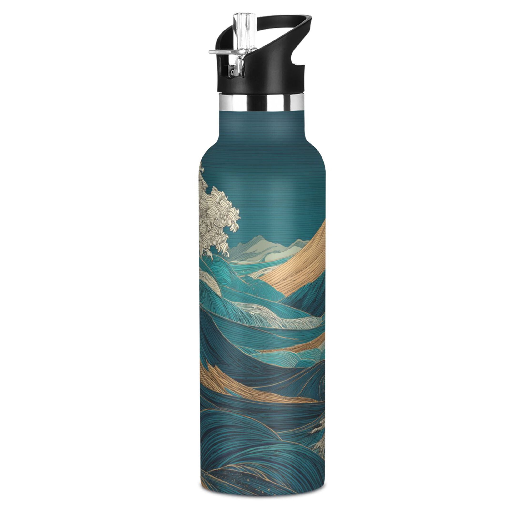600ML Stainless Steel Insulated Cup Sports Water Bottle Portable Thermos Cup Water Glasses Insulated Tumblers Convenient and Durable Cartoon Green Mountains