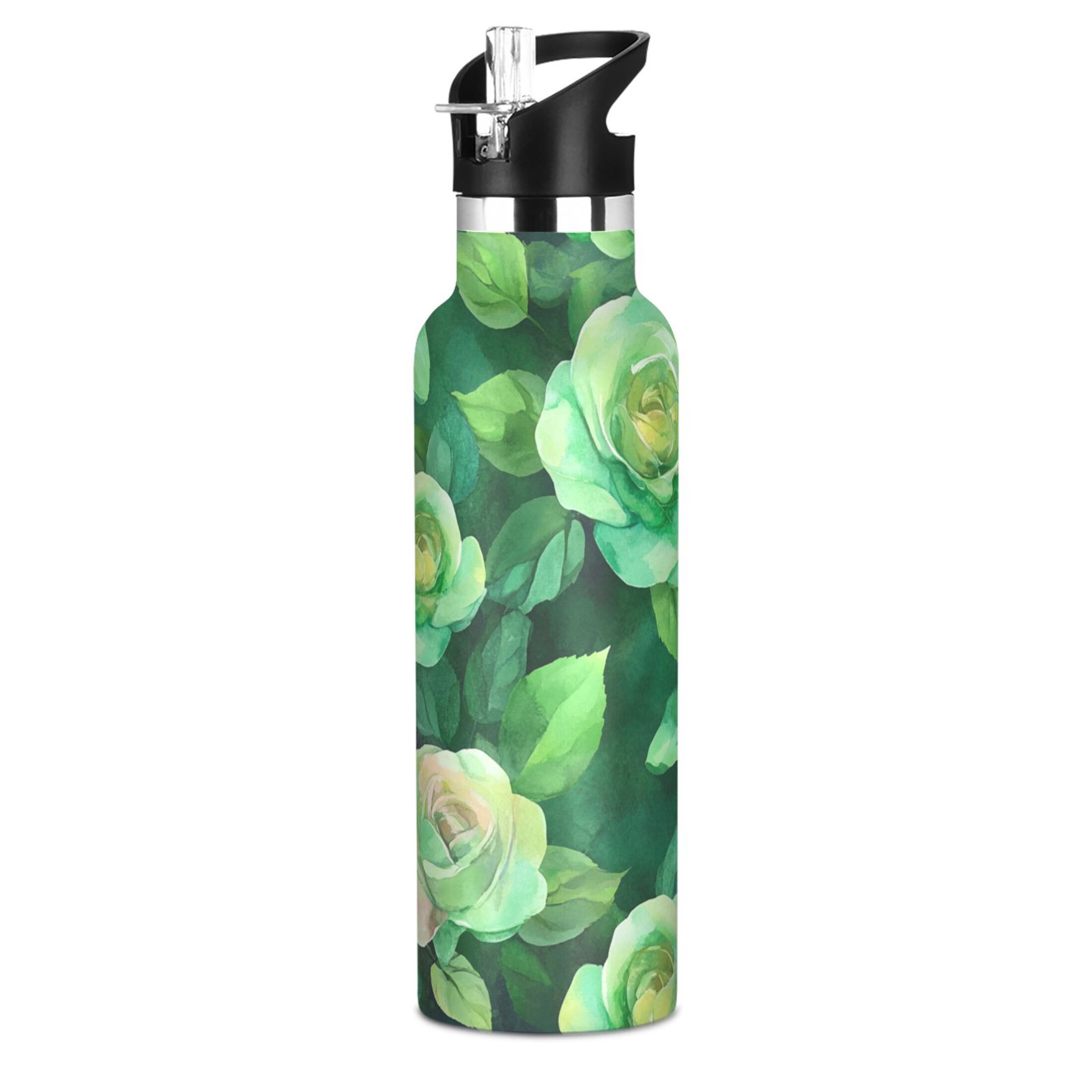600ML Stainless Steel Insulated Cup Sports Water Bottle Portable Thermos Cup Water Glasses Insulated Tumblers Convenient and Durable Cartoon Green Roses Seamless