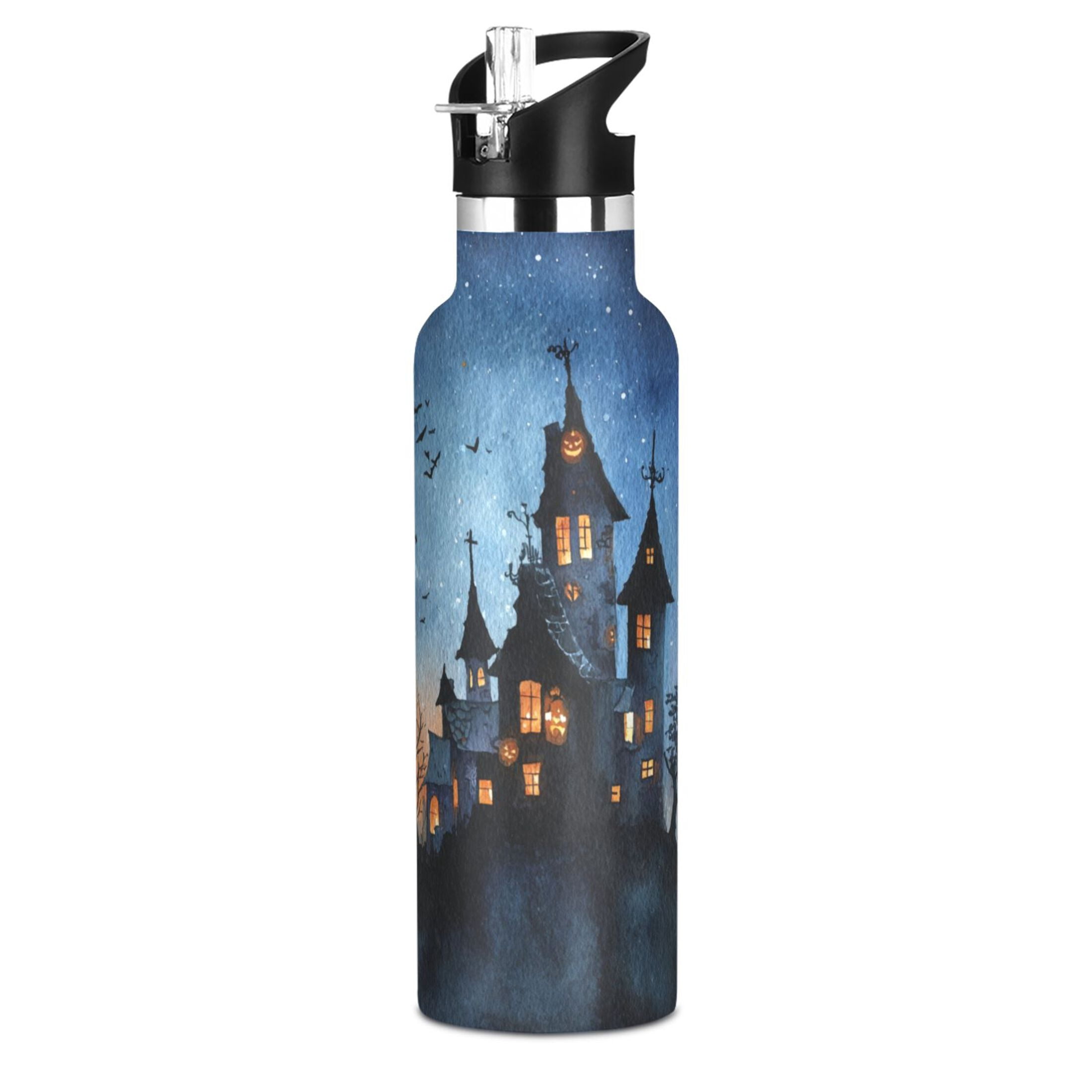 600ML Stainless Steel Insulated Cup Sports Water Bottle Portable Thermos Cup Water Glasses Insulated Tumblers Convenient and Durable Cartoon Halloween Castle
