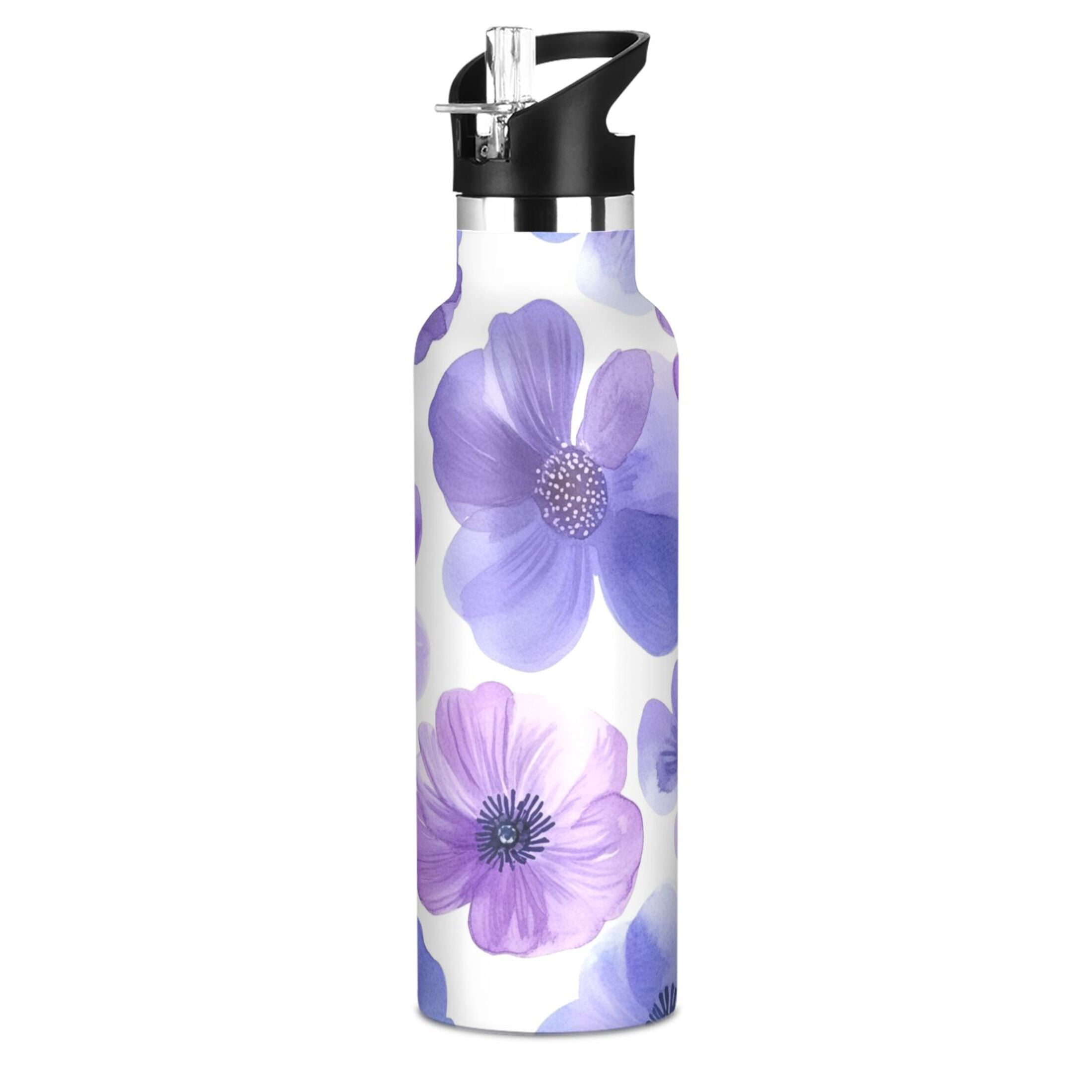 600ML Stainless Steel Insulated Cup Sports Water Bottle Portable Thermos Cup Water Glasses Insulated Tumblers Convenient and Durable Cartoon Lavender Flowers