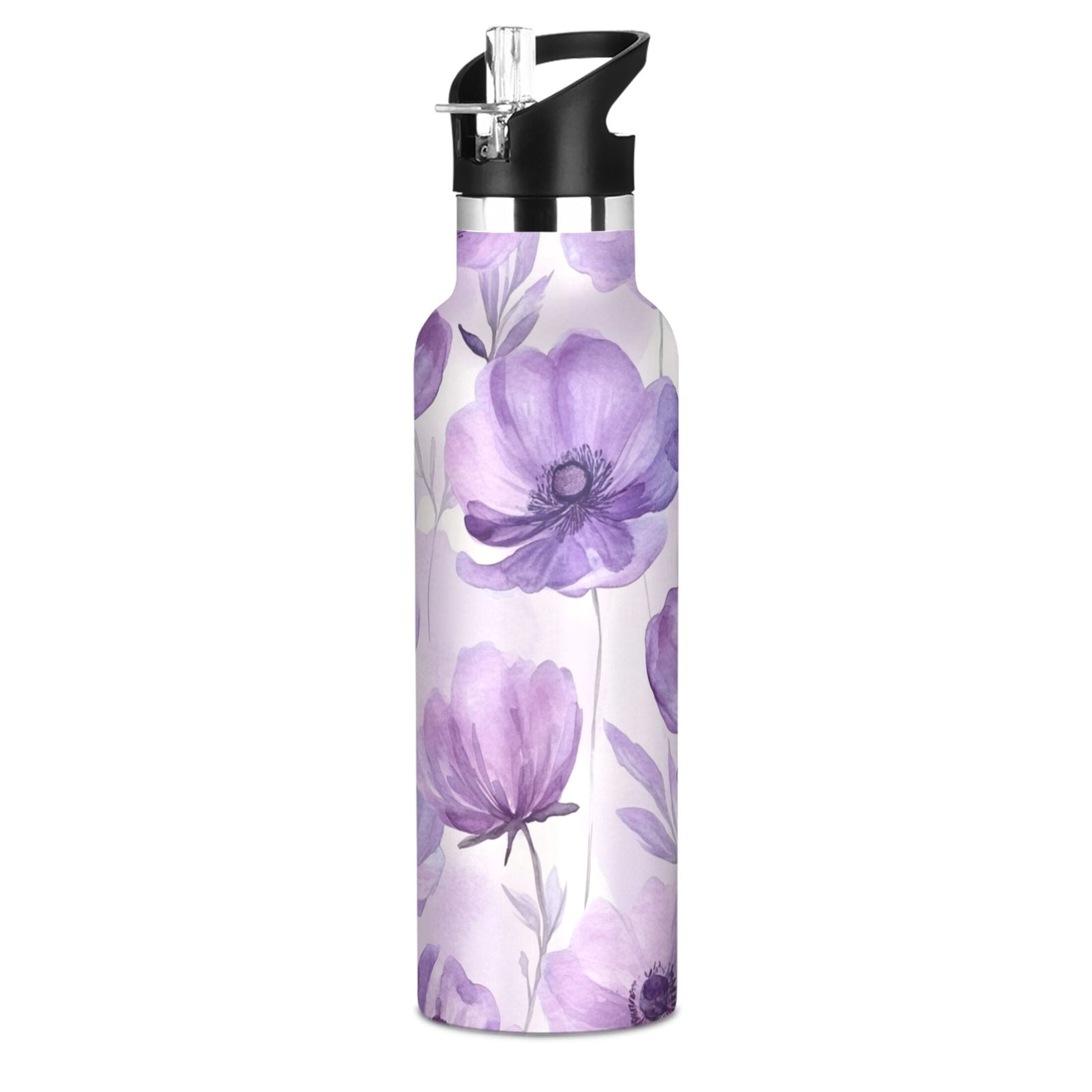 600ML Stainless Steel Insulated Cup Sports Water Bottle Portable Thermos Cup Water Glasses Insulated Tumblers Convenient and Durable Cartoon Lavender Flowers Seamless