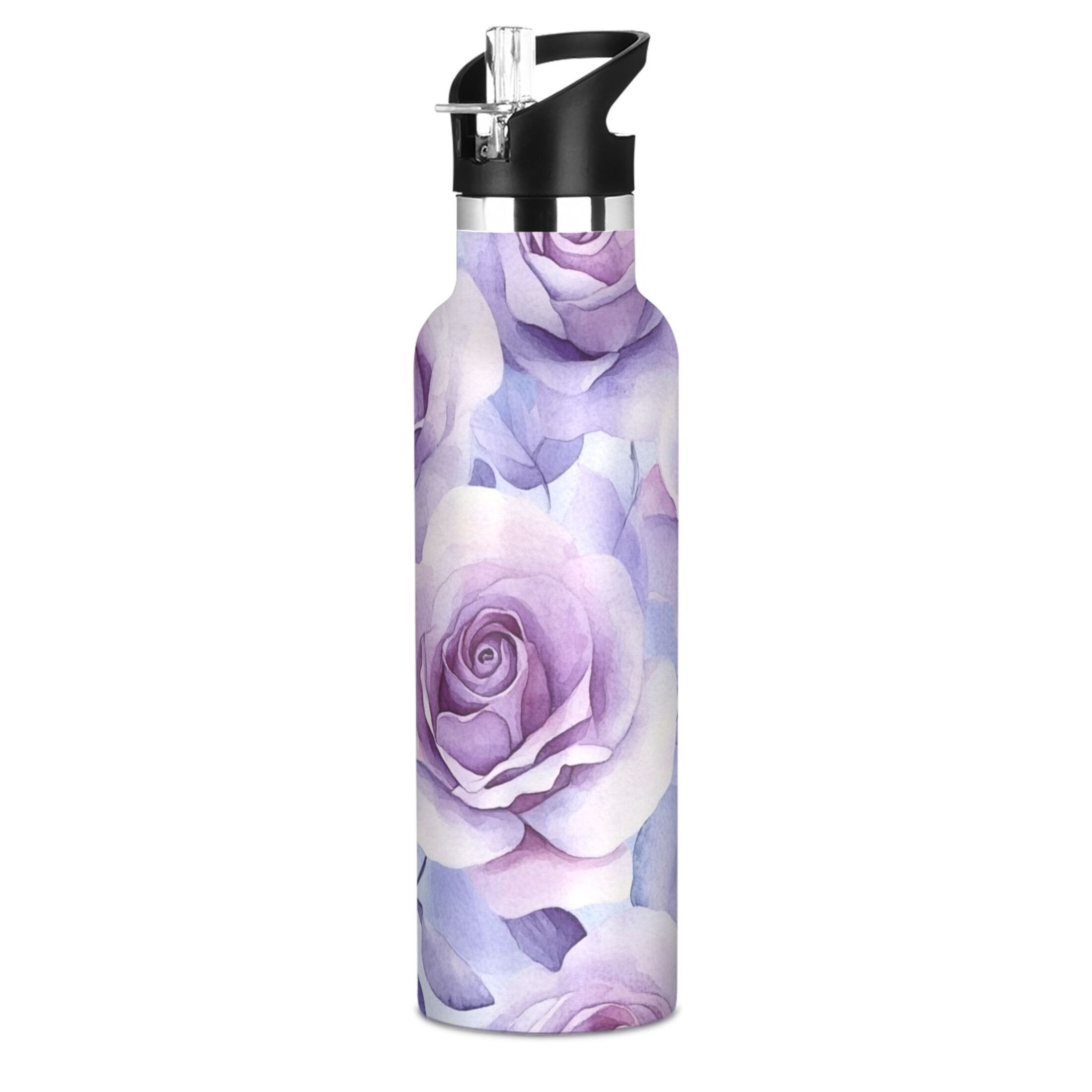 600ML Stainless Steel Insulated Cup Sports Water Bottle Portable Thermos Cup Water Glasses Insulated Tumblers Convenient and Durable Cartoon Lavender Roses