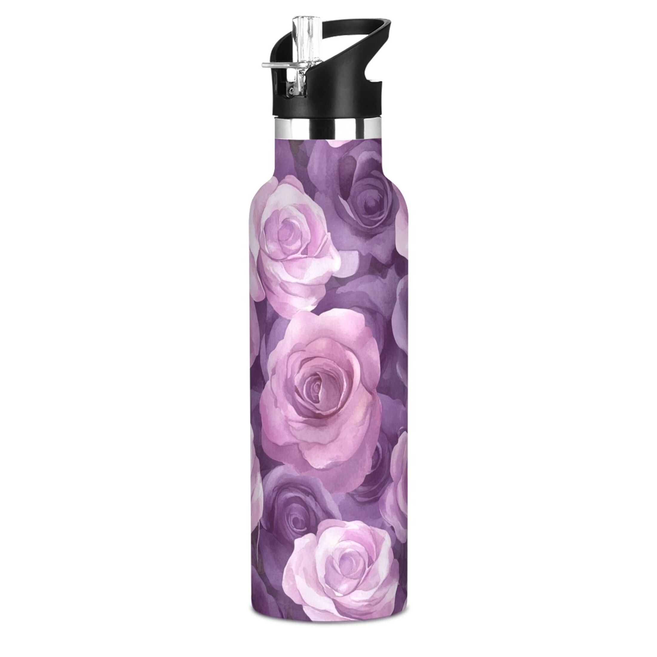 600ML Stainless Steel Insulated Cup Sports Water Bottle Portable Thermos Cup Water Glasses Insulated Tumblers Convenient and Durable Cartoon Lavender Roses Seamless