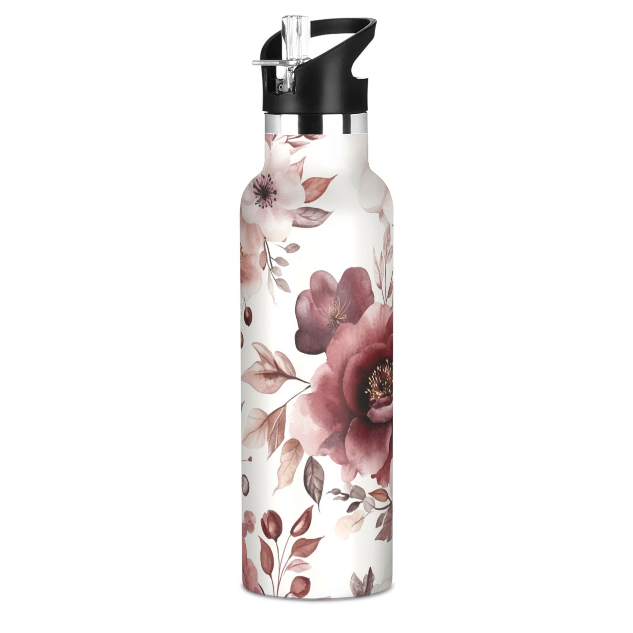 600ML Stainless Steel Insulated Cup Sports Water Bottle Portable Thermos Cup Water Glasses Insulated Tumblers Convenient and Durable Cartoon Maroon Flowers