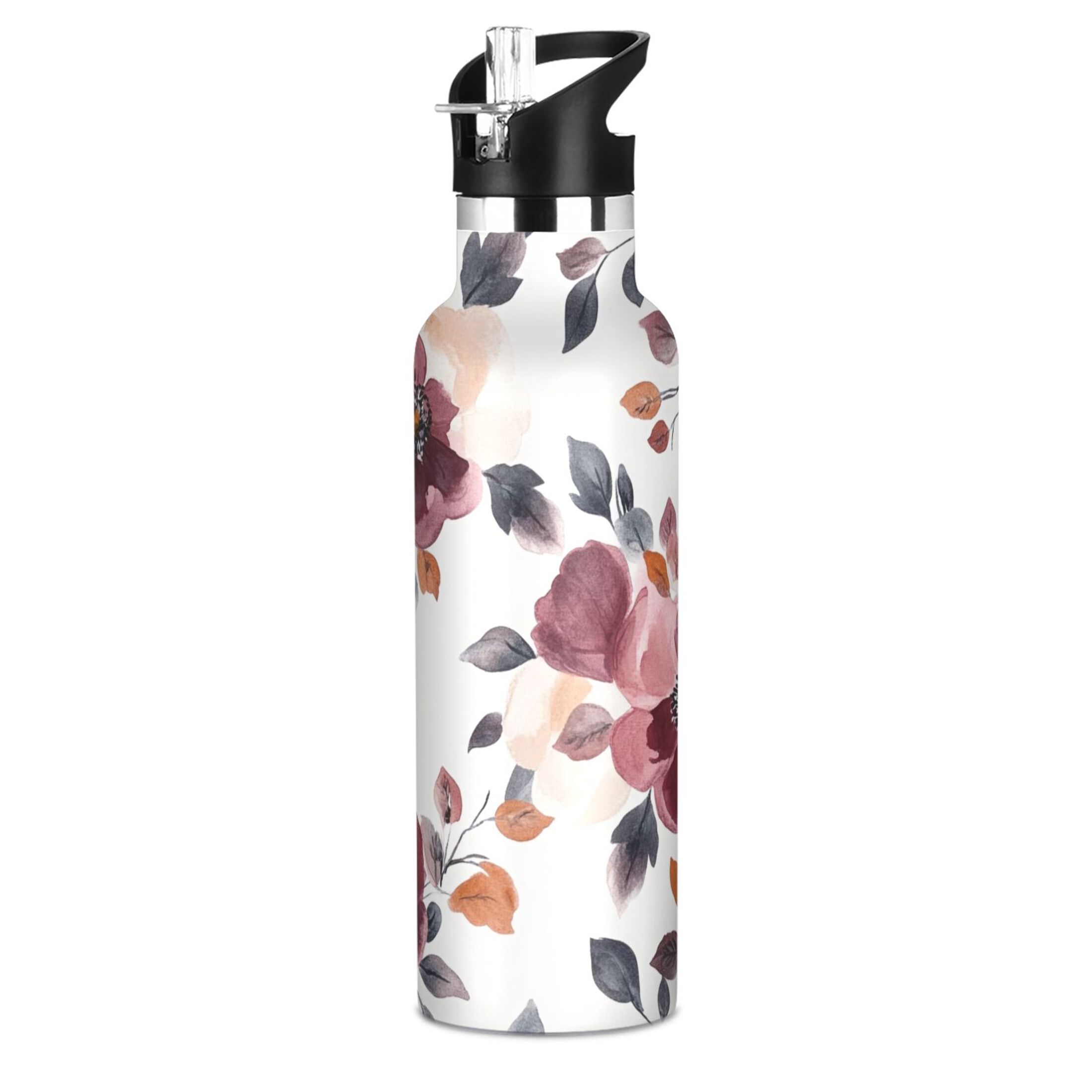600ML Stainless Steel Insulated Cup Sports Water Bottle Portable Thermos Cup Water Glasses Insulated Tumblers Convenient and Durable Cartoon Maroon Flowers Seamless