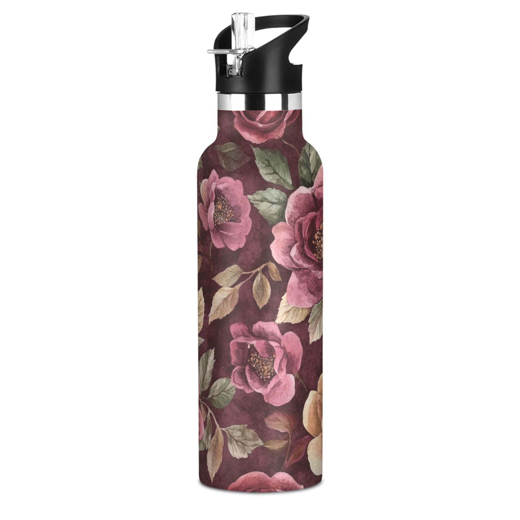 600ML Stainless Steel Insulated Cup Sports Water Bottle Portable Thermos Cup Water Glasses Insulated Tumblers Convenient and Durable Cartoon Maroon Roses Seamless