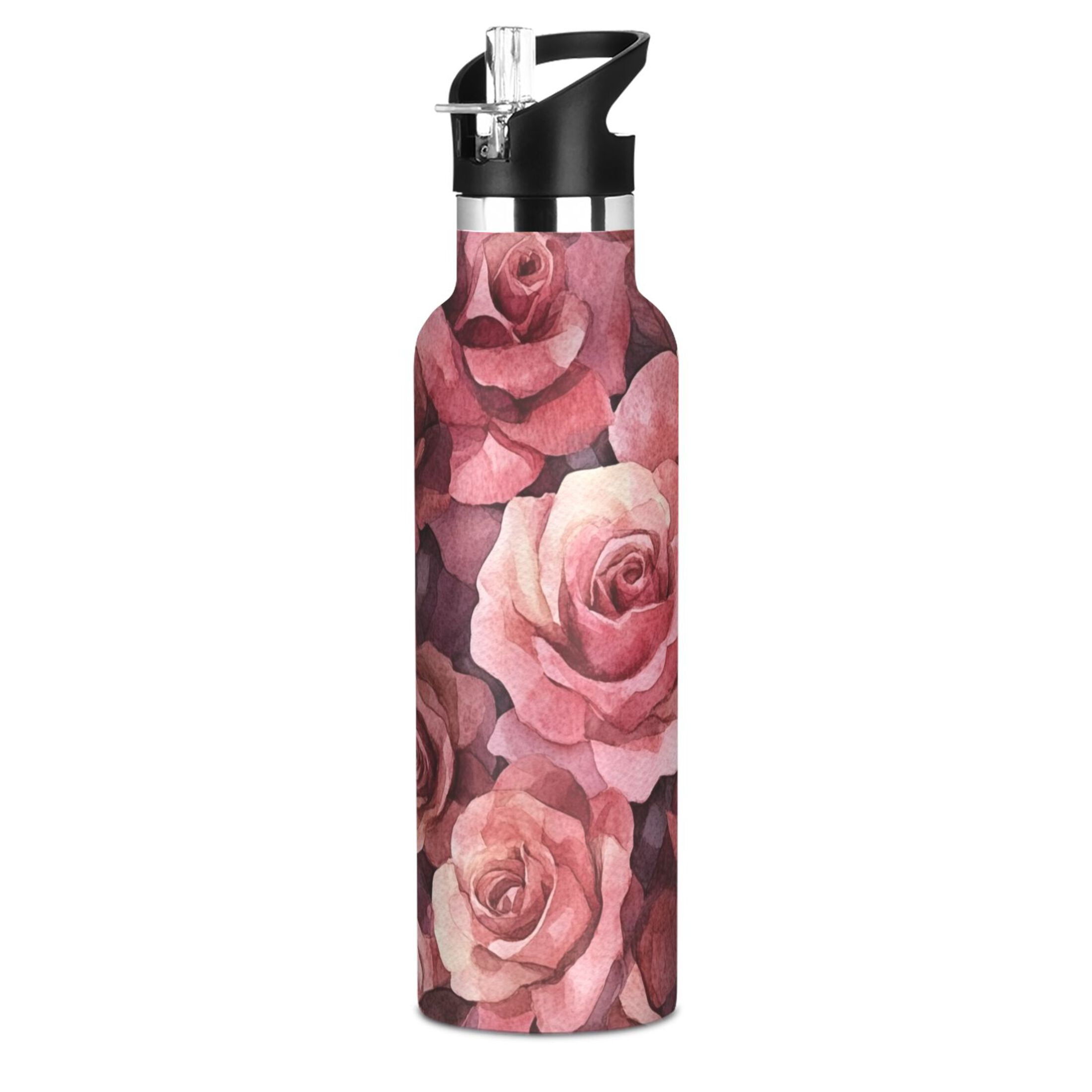 600ML Stainless Steel Insulated Cup Sports Water Bottle Portable Thermos Cup Water Glasses Insulated Tumblers Convenient and Durable Cartoon Maroon Roses