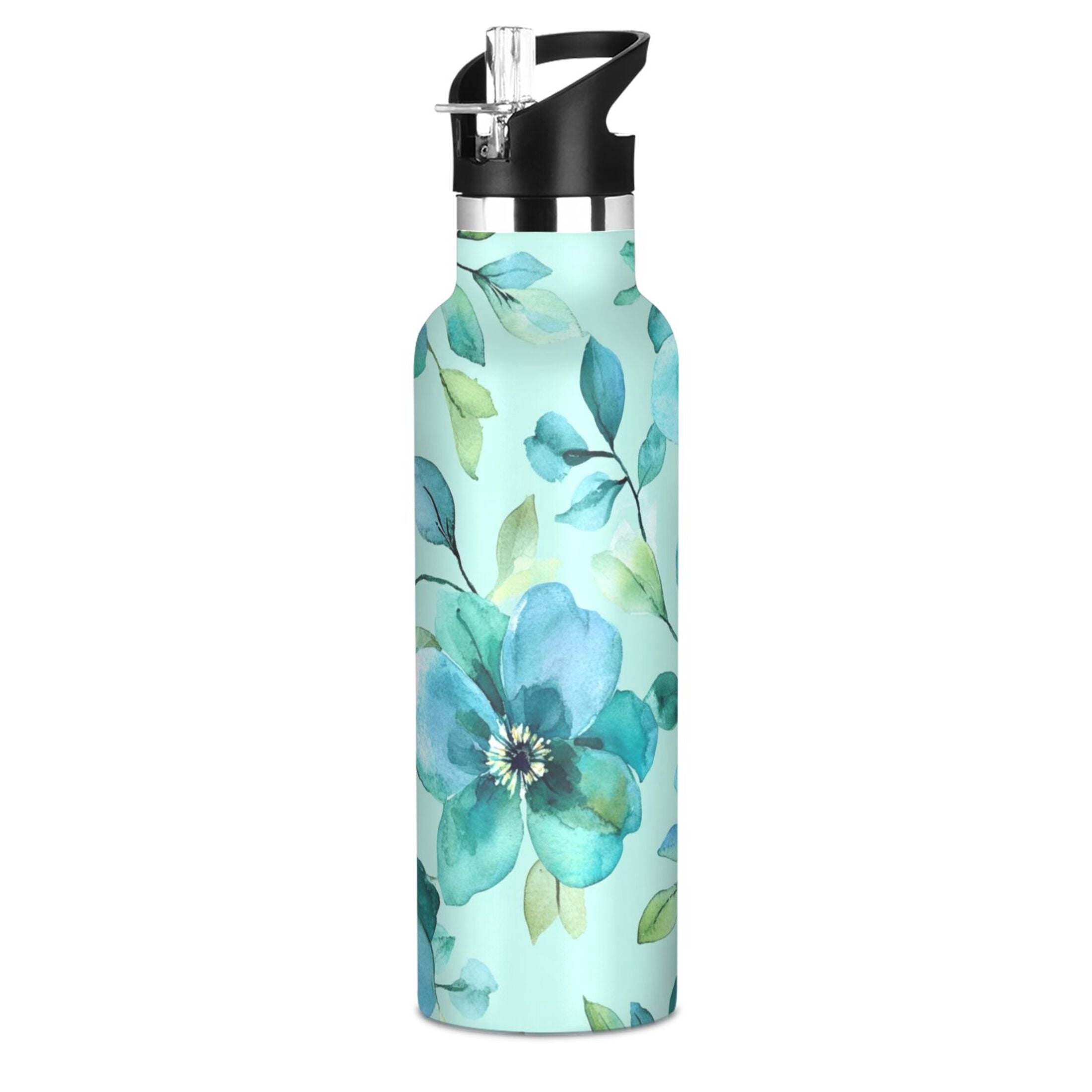 600ML Stainless Steel Insulated Cup Sports Water Bottle Portable Thermos Cup Water Glasses Insulated Tumblers Convenient and Durable Cartoon Navy Flowers