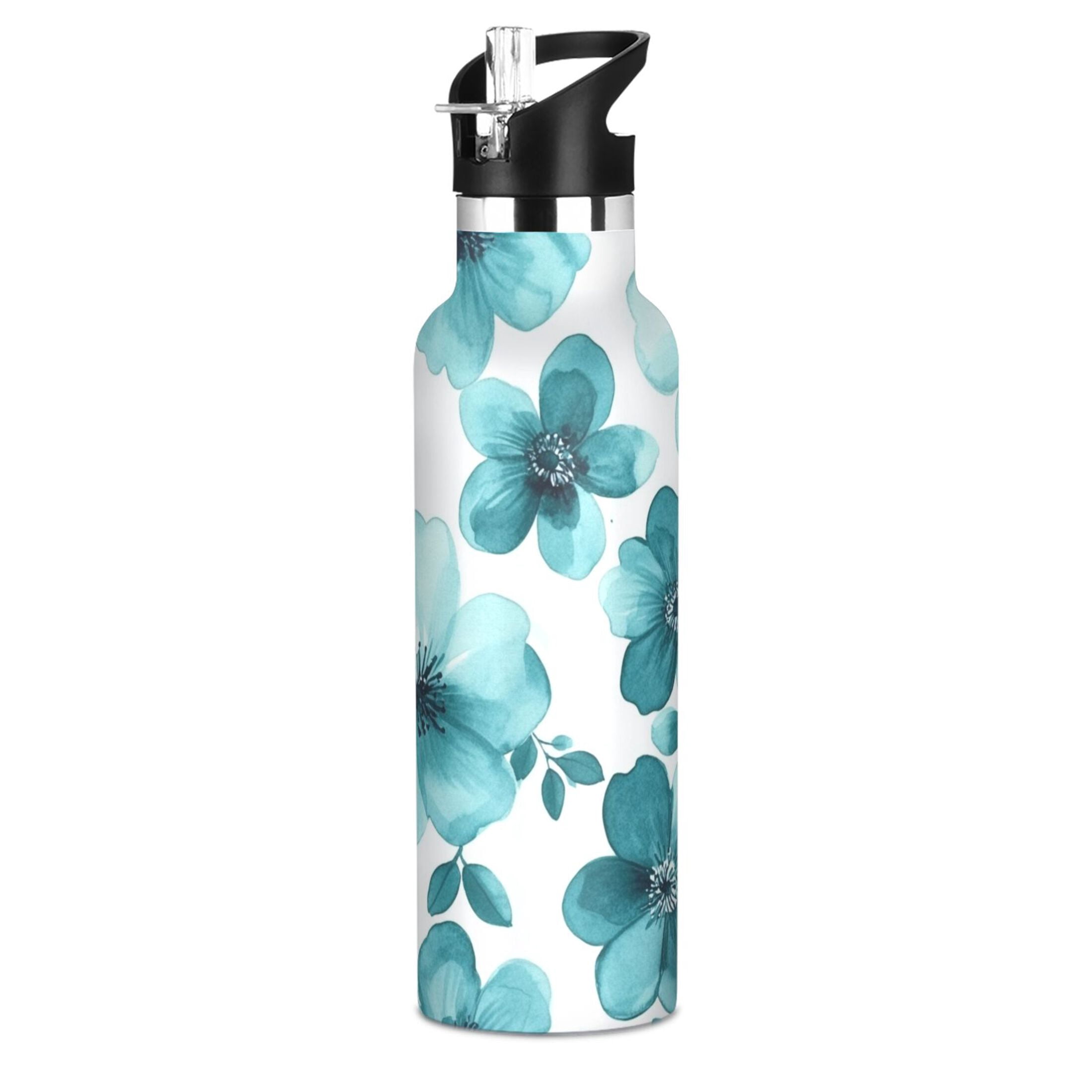 600ML Stainless Steel Insulated Cup Sports Water Bottle Portable Thermos Cup Water Glasses Insulated Tumblers Convenient and Durable Cartoon Navy Flowers Seamless