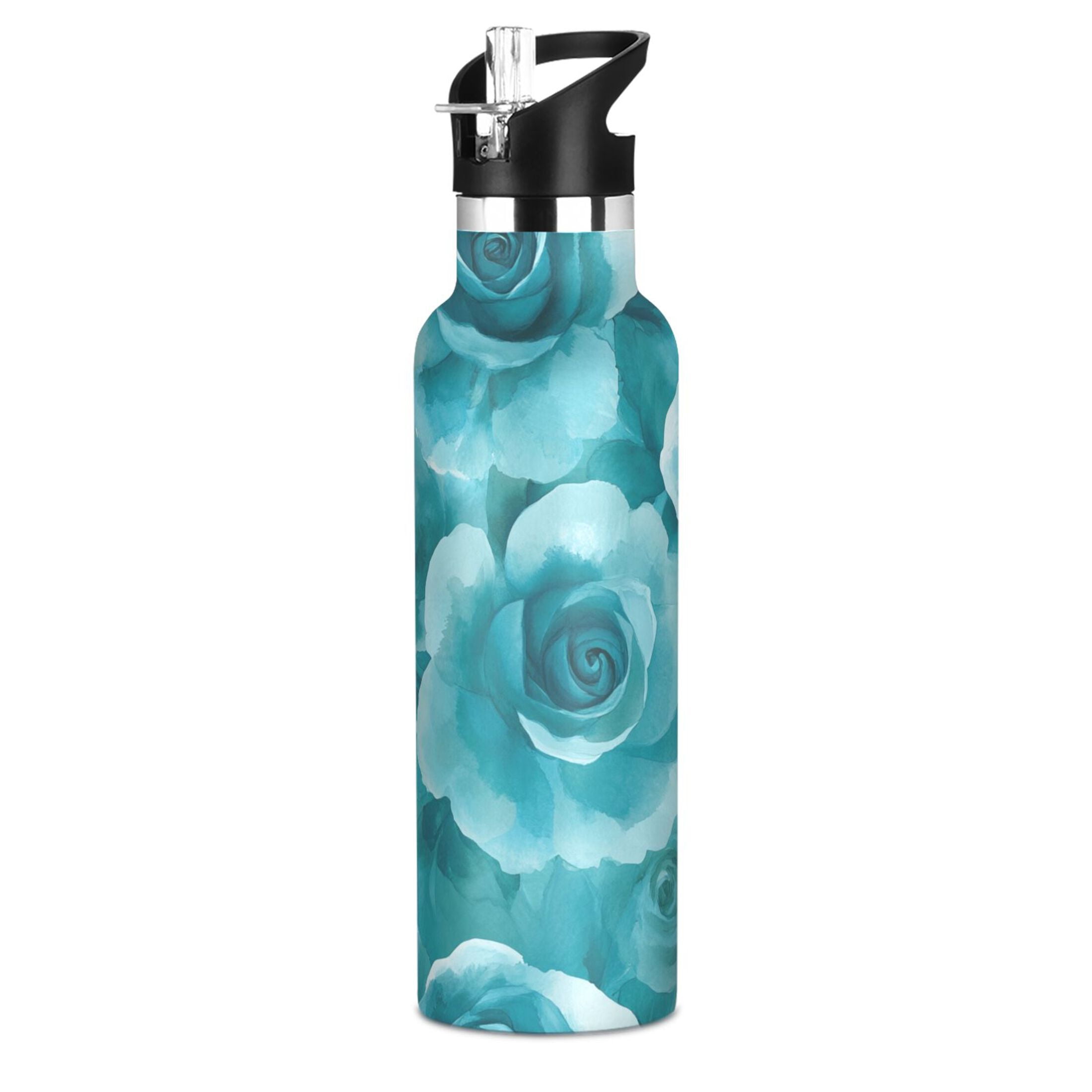 600ML Stainless Steel Insulated Cup Sports Water Bottle Portable Thermos Cup Water Glasses Insulated Tumblers Convenient and Durable Cartoon Navy Roses Seamless