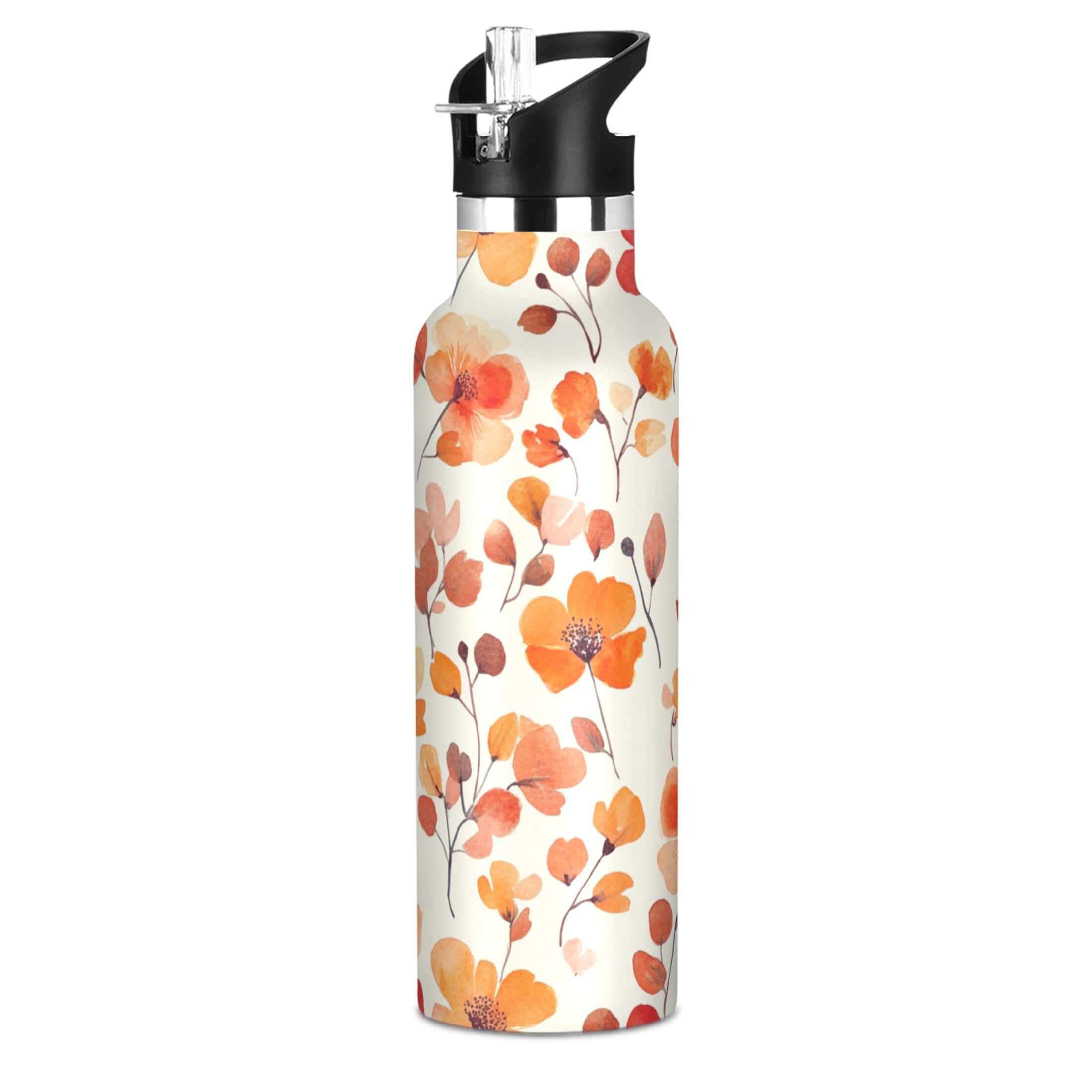 600ML Stainless Steel Insulated Cup Sports Water Bottle Portable Thermos Cup Water Glasses Insulated Tumblers Convenient and Durable Cartoon Orange Flowers