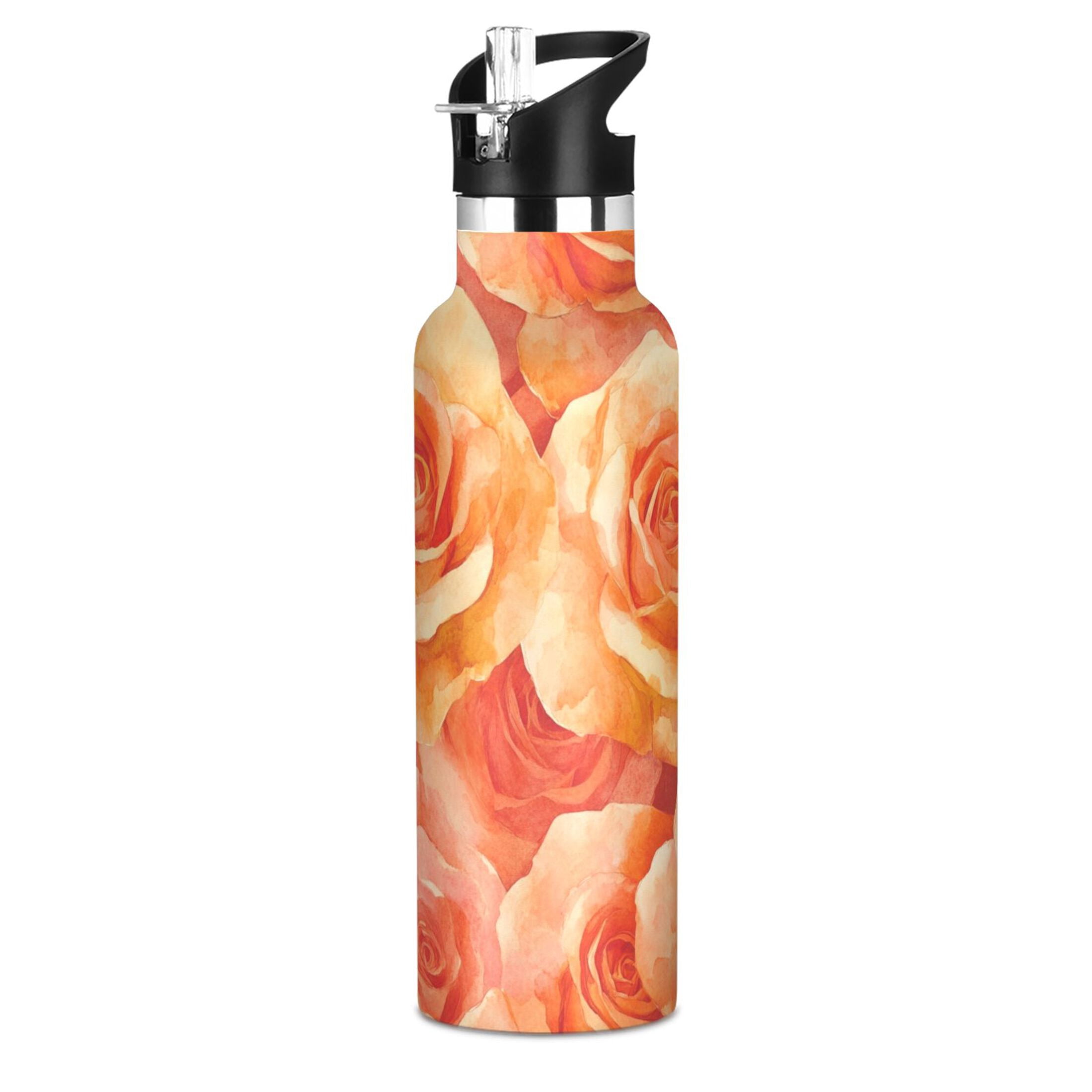 600ML Stainless Steel Insulated Cup Sports Water Bottle Portable Thermos Cup Water Glasses Insulated Tumblers Convenient and Durable Cartoon Orange Roses