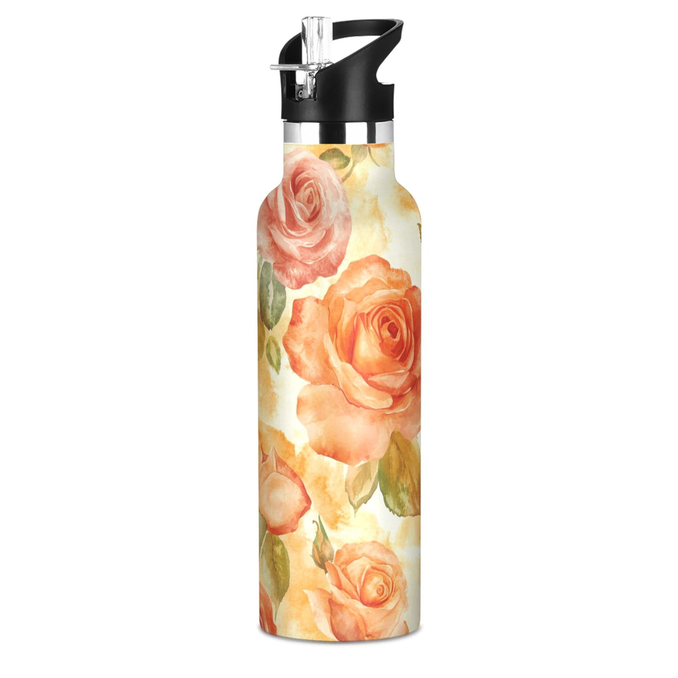 600ML Stainless Steel Insulated Cup Sports Water Bottle Portable Thermos Cup Water Glasses Insulated Tumblers Convenient and Durable Cartoon Orange Roses Seamless