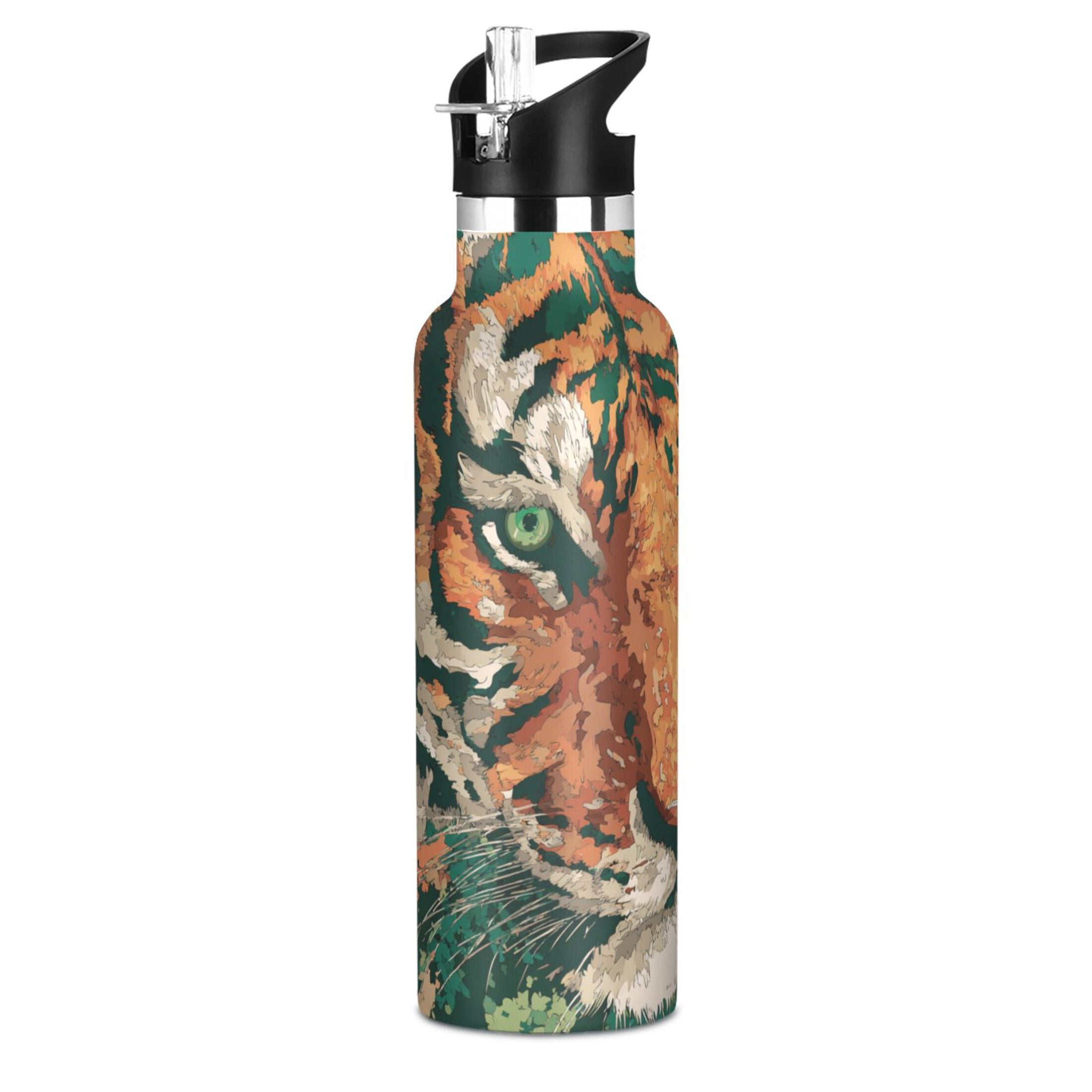 600ML Stainless Steel Insulated Cup Sports Water Bottle Portable Thermos Cup Water Glasses Insulated Tumblers Convenient and Durable Cartoon Orange Tiger