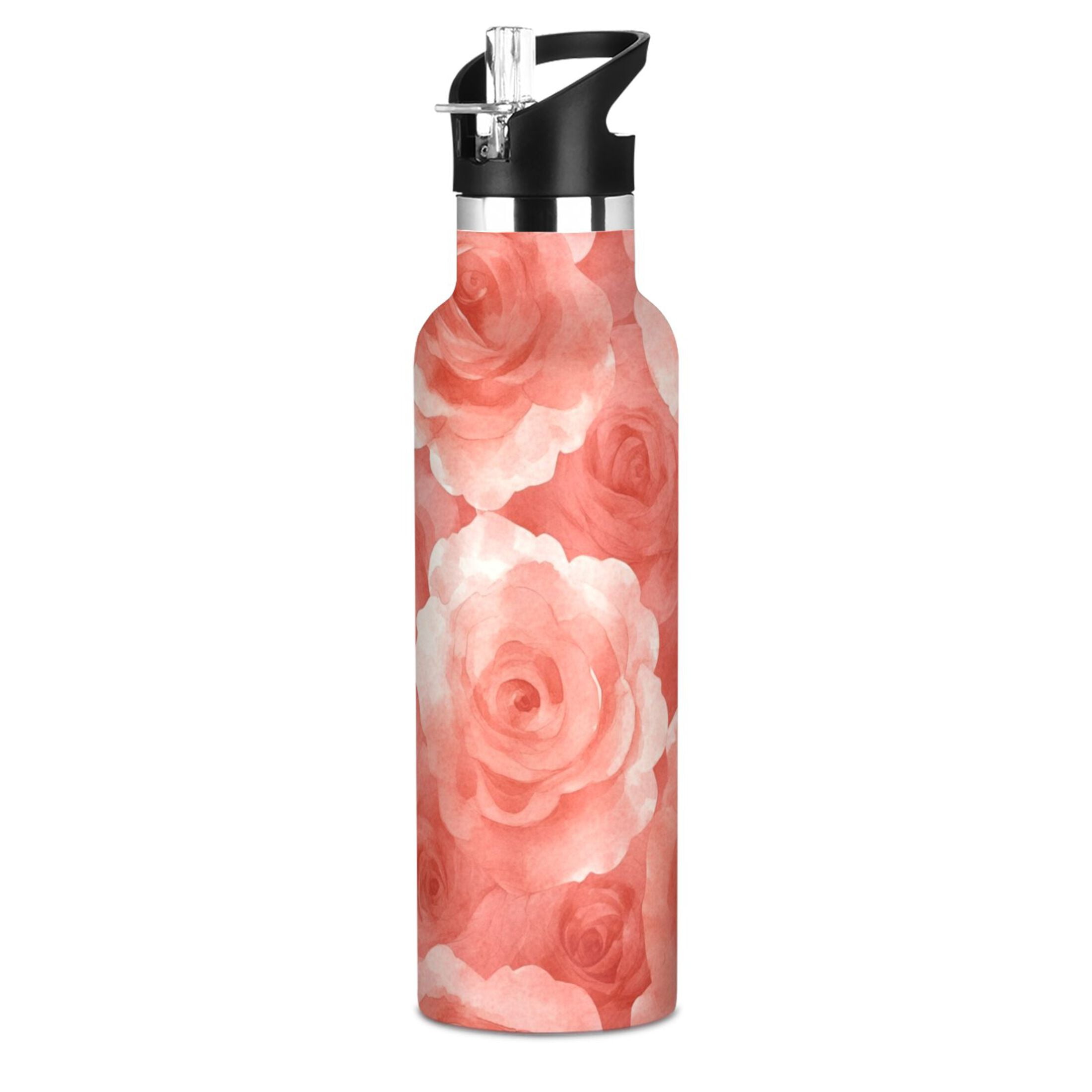600ML Stainless Steel Insulated Cup Sports Water Bottle Portable Thermos Cup Water Glasses Insulated Tumblers Convenient and Durable Cartoon Pink Roses Seamless