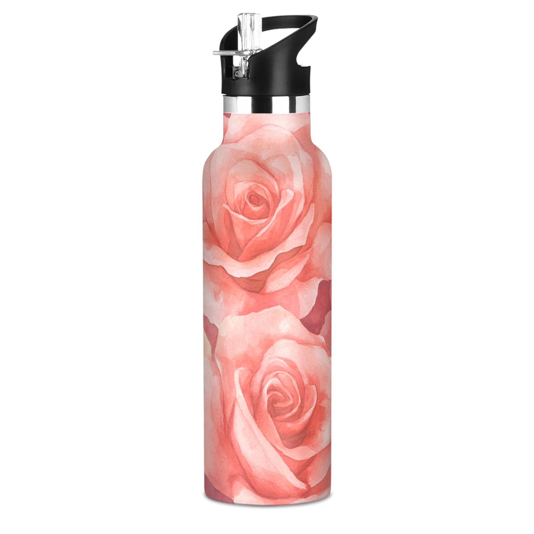 600ML Stainless Steel Insulated Cup Sports Water Bottle Portable Thermos Cup Water Glasses Insulated Tumblers Convenient and Durable Cartoon Pink Roses