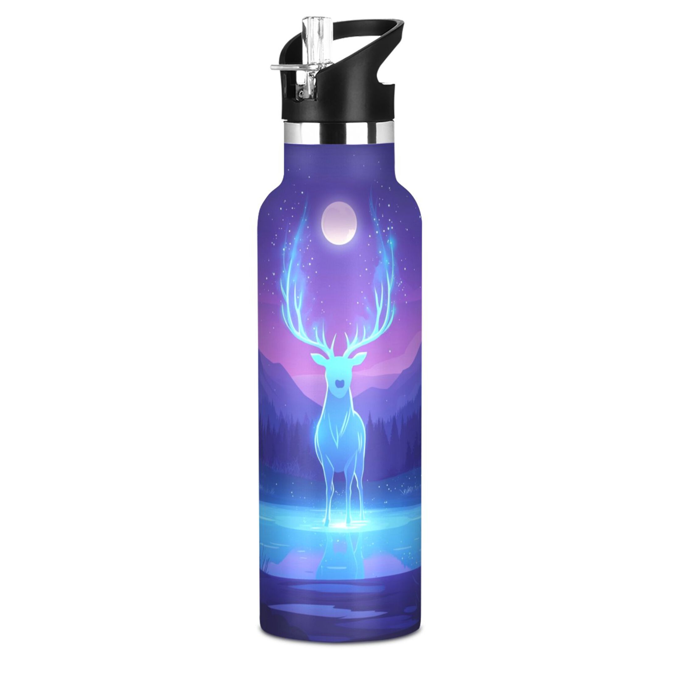 600ML Stainless Steel Insulated Cup Sports Water Bottle Portable Thermos Cup Water Glasses Insulated Tumblers Convenient and Durable Cartoon Purple Elk