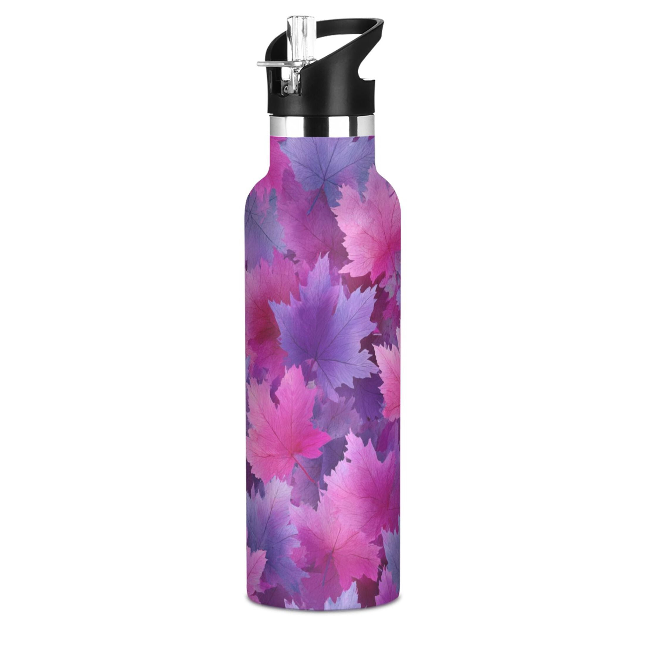600ML Stainless Steel Insulated Cup Sports Water Bottle Portable Thermos Cup Water Glasses Insulated Tumblers Convenient and Durable Cartoon Purple Maple Leaves