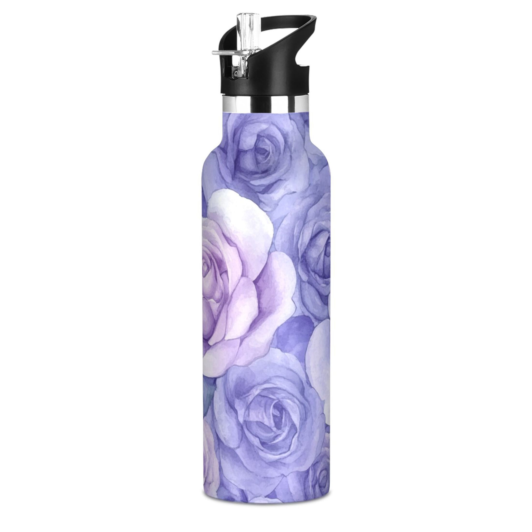600ML Stainless Steel Insulated Cup Sports Water Bottle Portable Thermos Cup Water Glasses Insulated Tumblers Convenient and Durable Cartoon Purple Roses Seamless