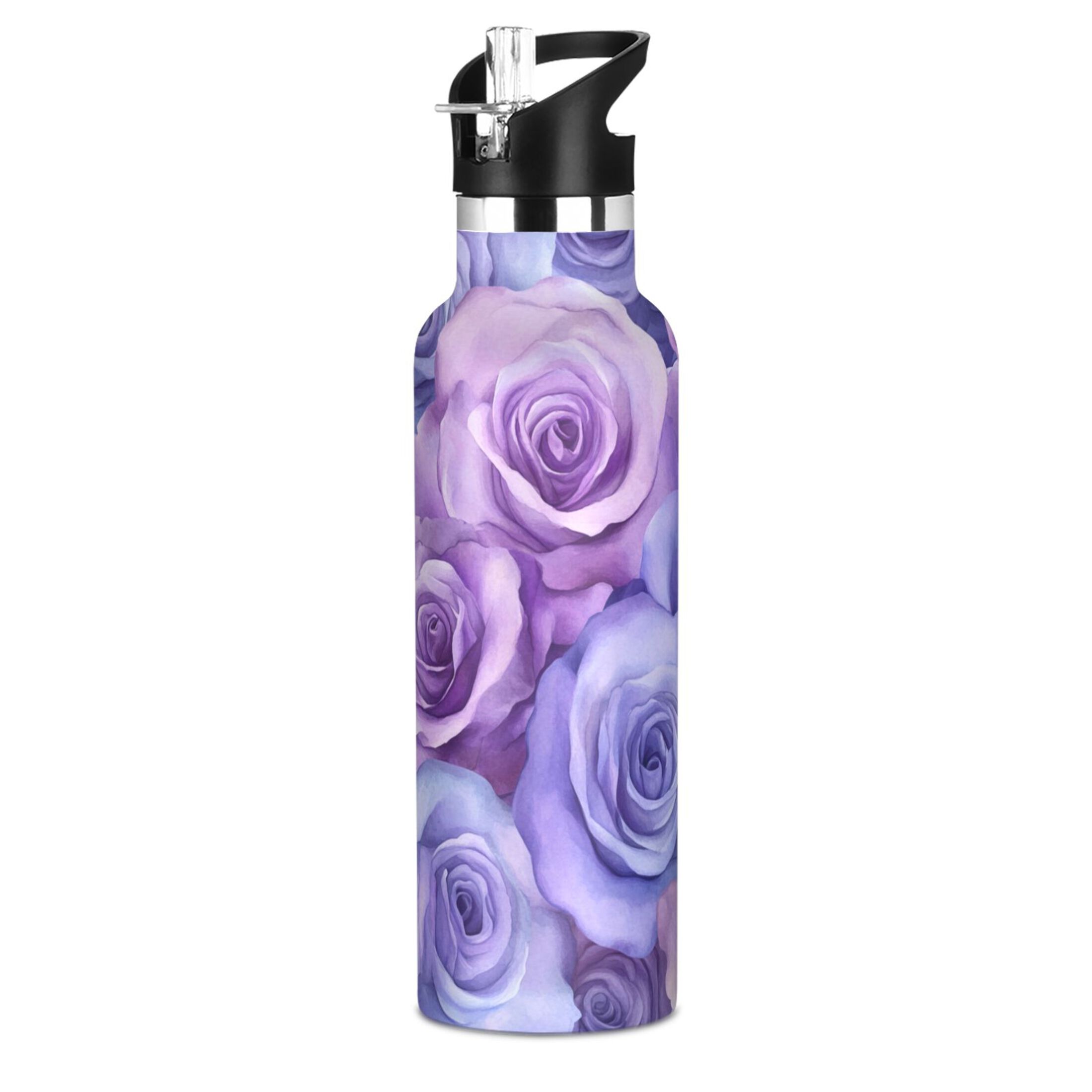 600ML Stainless Steel Insulated Cup Sports Water Bottle Portable Thermos Cup Water Glasses Insulated Tumblers Convenient and Durable Cartoon Purple Roses