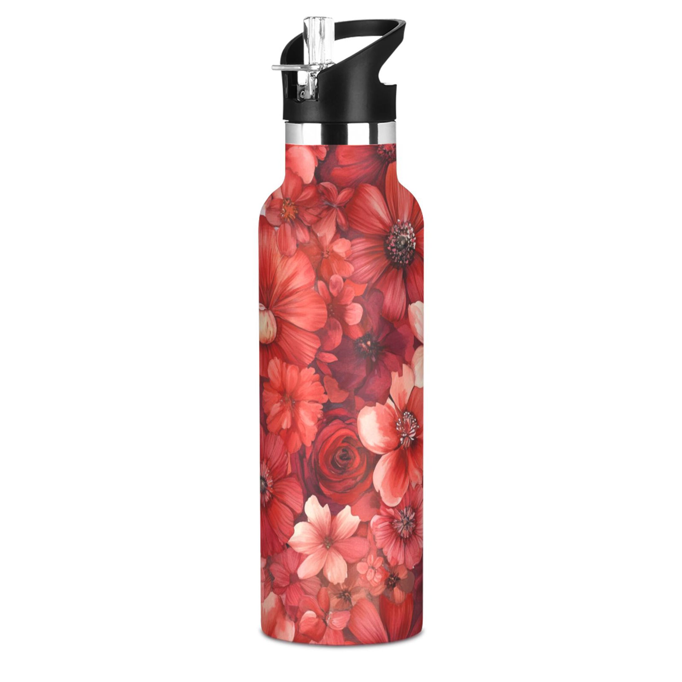 600ML Stainless Steel Insulated Cup Sports Water Bottle Portable Thermos Cup Water Glasses Insulated Tumblers Convenient and Durable Cartoon Red Flowers Seamless