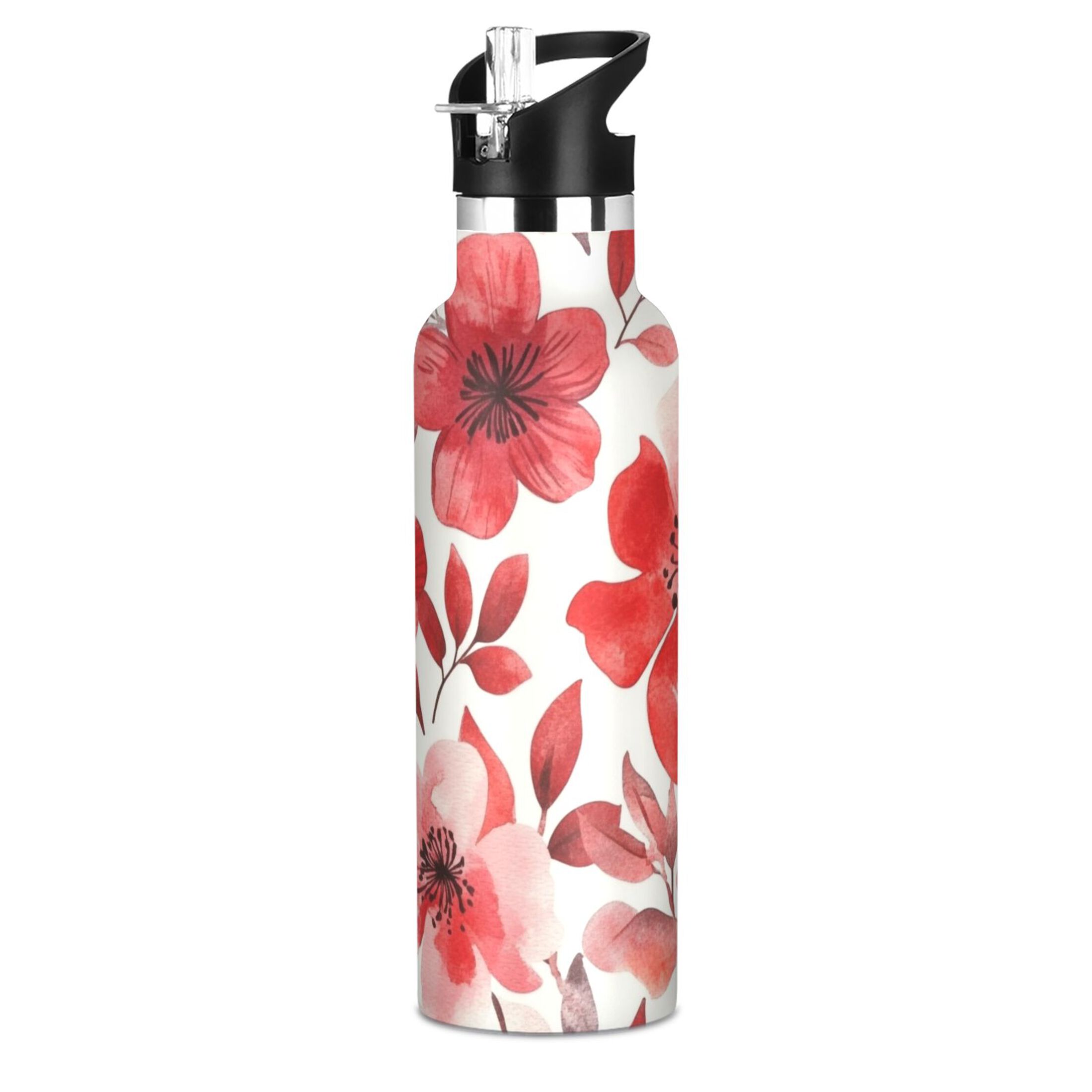 600ML Stainless Steel Insulated Cup Sports Water Bottle Portable Thermos Cup Water Glasses Insulated Tumblers Convenient and Durable Cartoon Red Flowers