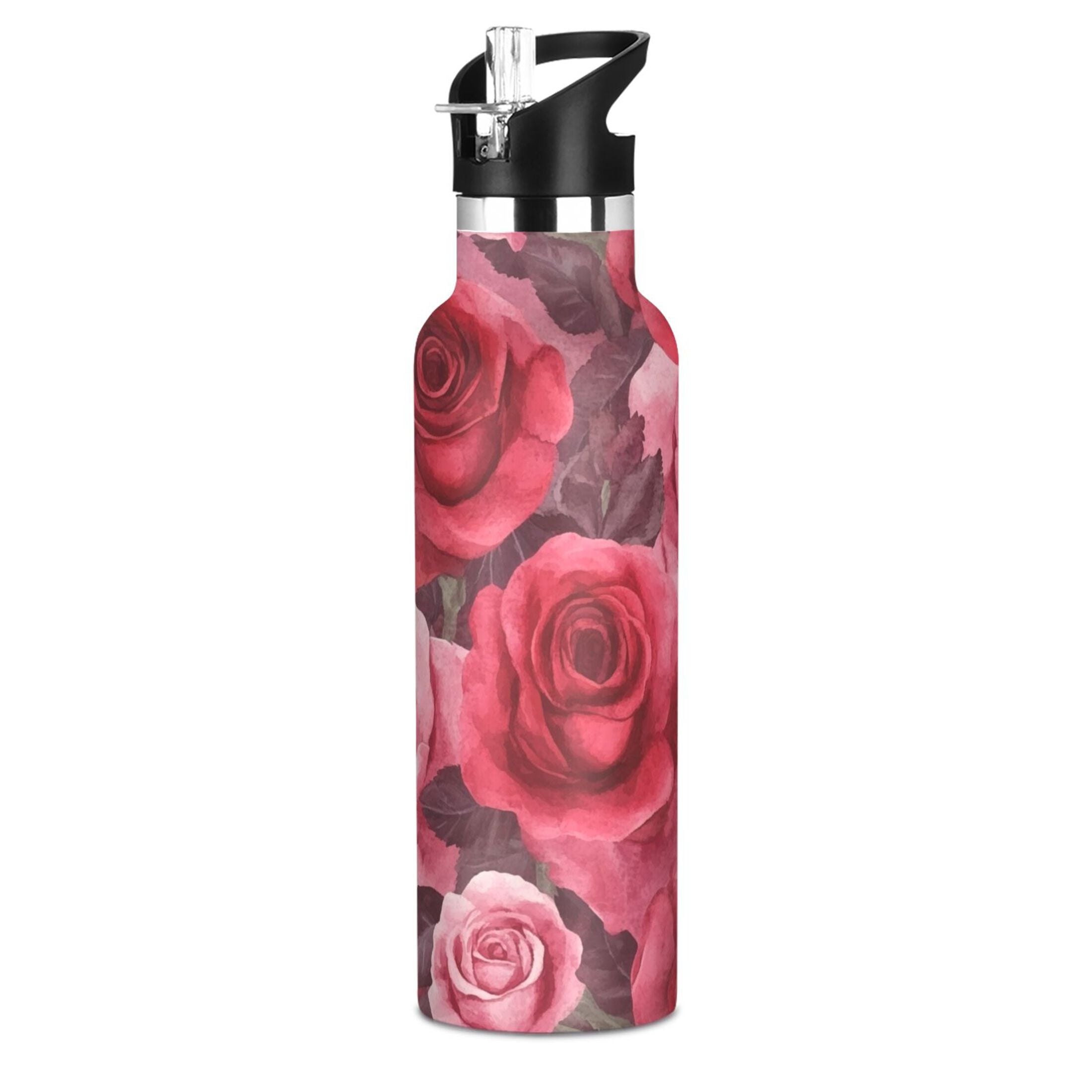 600ML Stainless Steel Insulated Cup Sports Water Bottle Portable Thermos Cup Water Glasses Insulated Tumblers Convenient and Durable Cartoon Red Roses Seamless