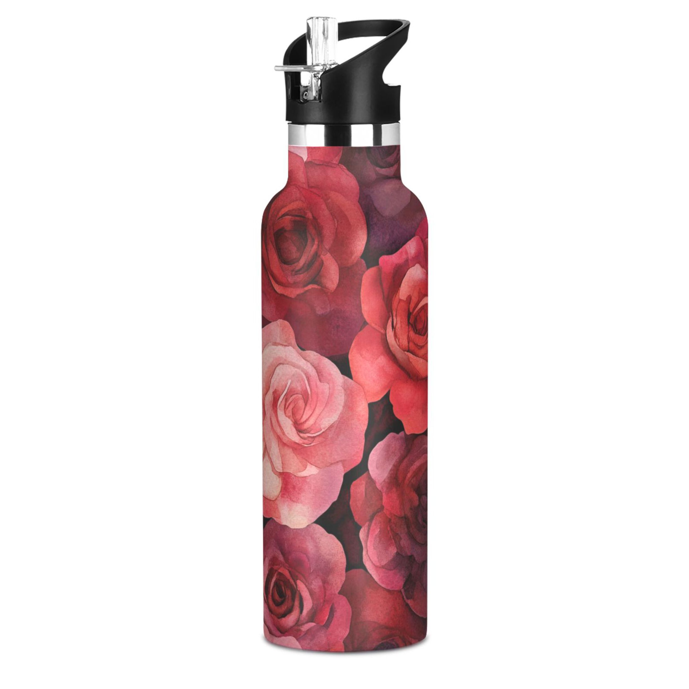 600ML Stainless Steel Insulated Cup Sports Water Bottle Portable Thermos Cup Water Glasses Insulated Tumblers Convenient and Durable Cartoon Red Roses