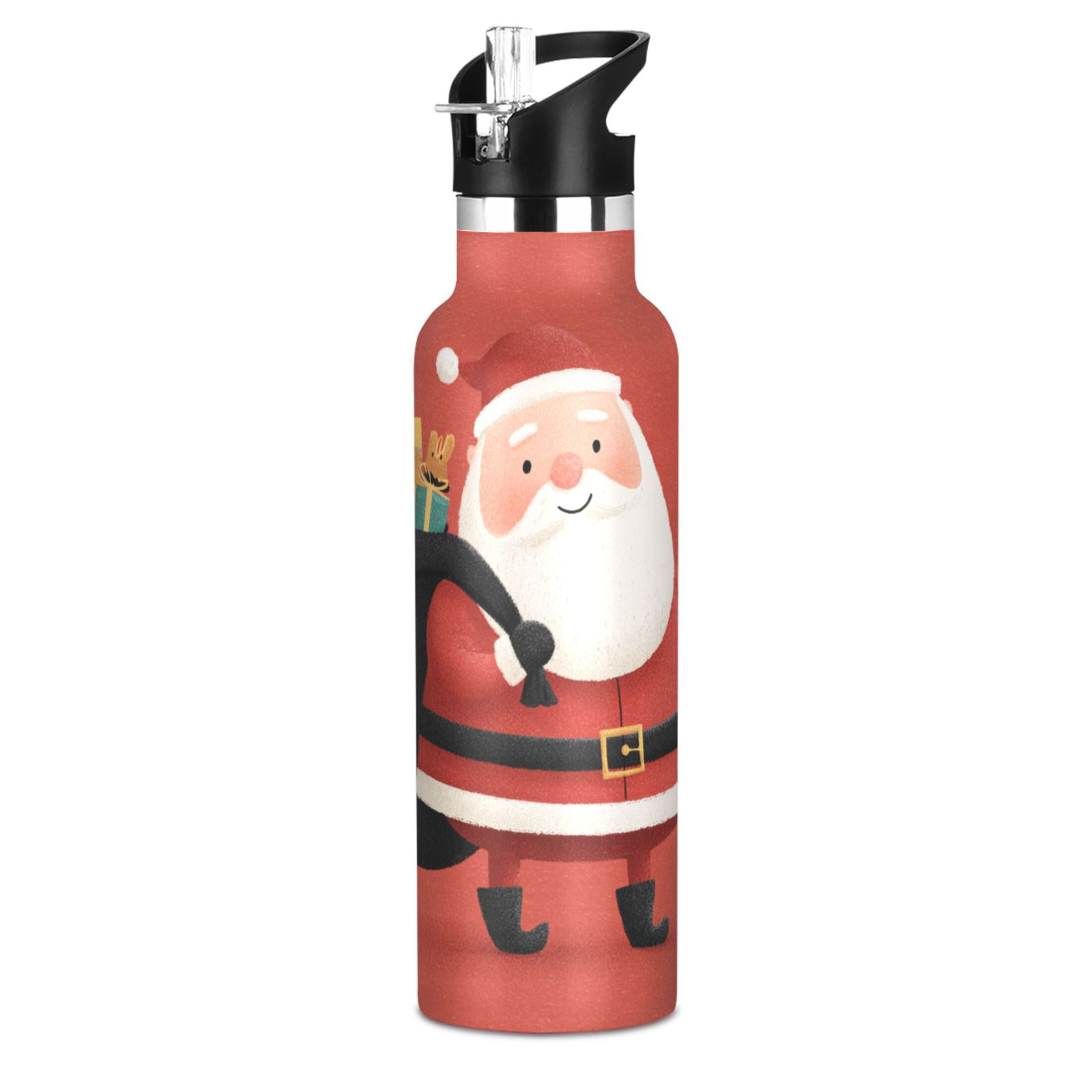 600ML Stainless Steel Insulated Cup Sports Water Bottle Portable Thermos Cup Water Glasses Insulated Tumblers Convenient and Durable Cartoon Red Santa Claus