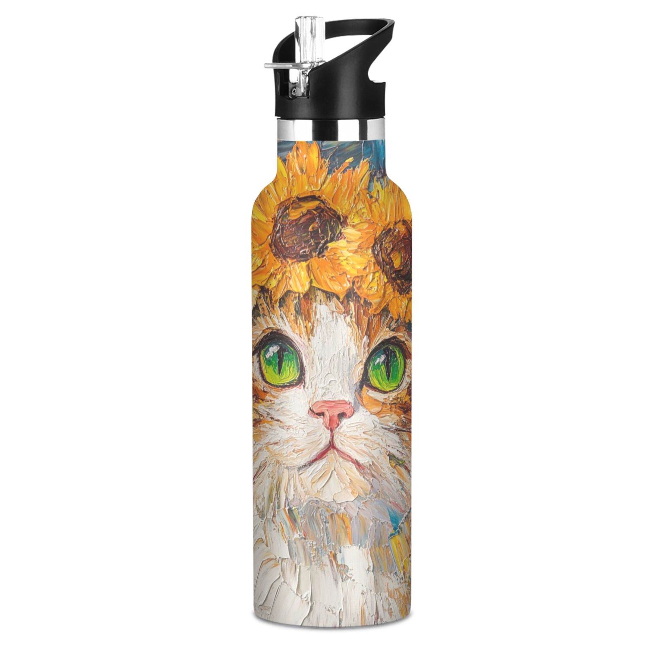 600ML Stainless Steel Insulated Cup Sports Water Bottle Portable Thermos Cup Water Glasses Insulated Tumblers Convenient and Durable Cartoon Sunflower Cat