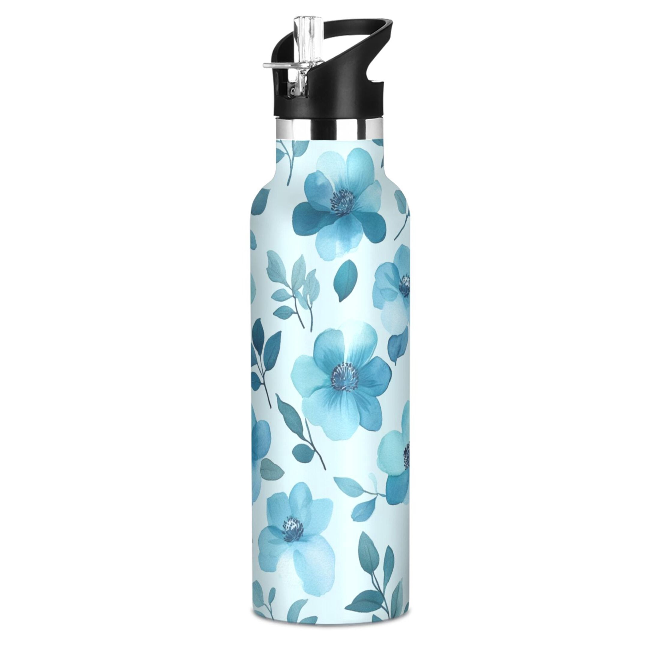 600ML Stainless Steel Insulated Cup Sports Water Bottle Portable Thermos Cup Water Glasses Insulated Tumblers Convenient and Durable Cartoon Teal Flowers