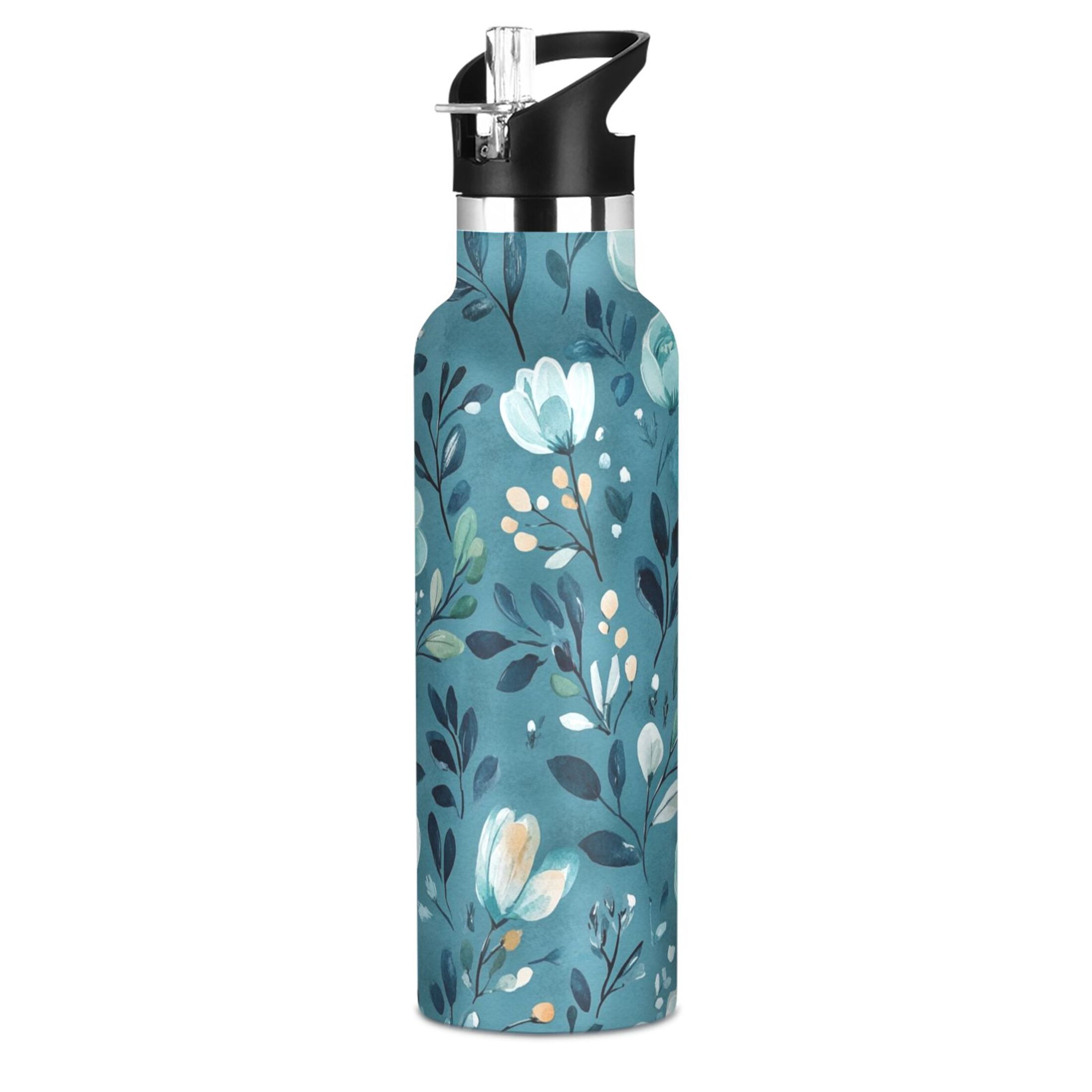 600ML Stainless Steel Insulated Cup Sports Water Bottle Portable Thermos Cup Water Glasses Insulated Tumblers Convenient and Durable Cartoon Teal Flowers Seamless