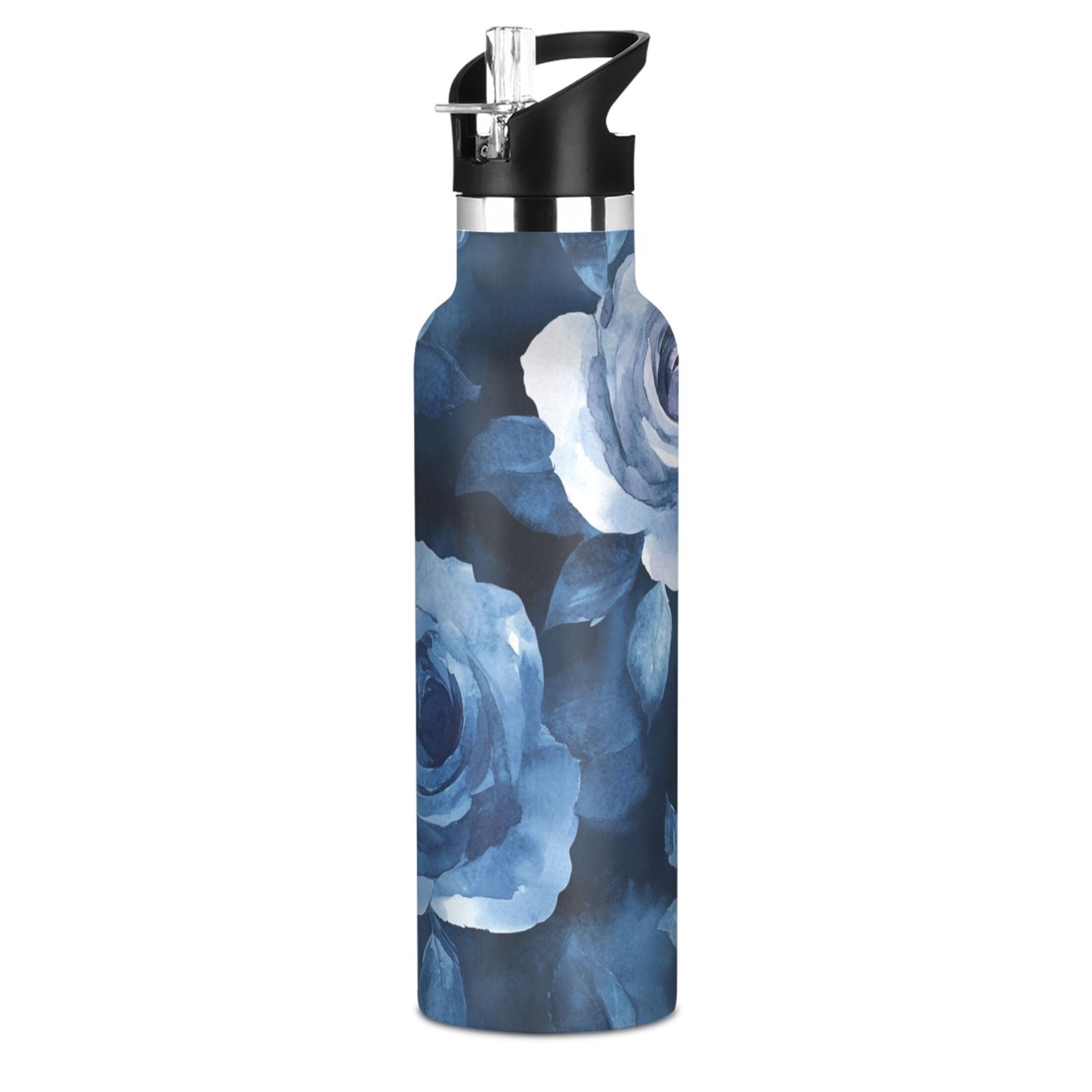 600ML Stainless Steel Insulated Cup Sports Water Bottle Portable Thermos Cup Water Glasses Insulated Tumblers Convenient and Durable Cartoon Teal Roses Seamless
