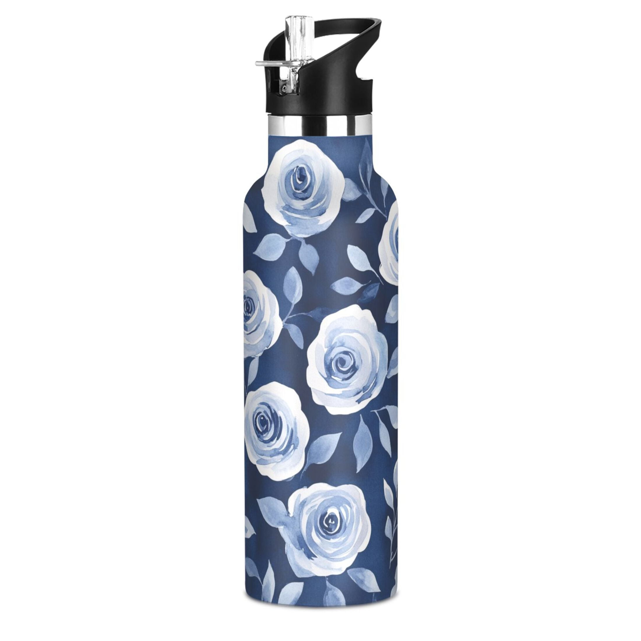 600ML Stainless Steel Insulated Cup Sports Water Bottle Portable Thermos Cup Water Glasses Insulated Tumblers Convenient and Durable Cartoon Teal Roses