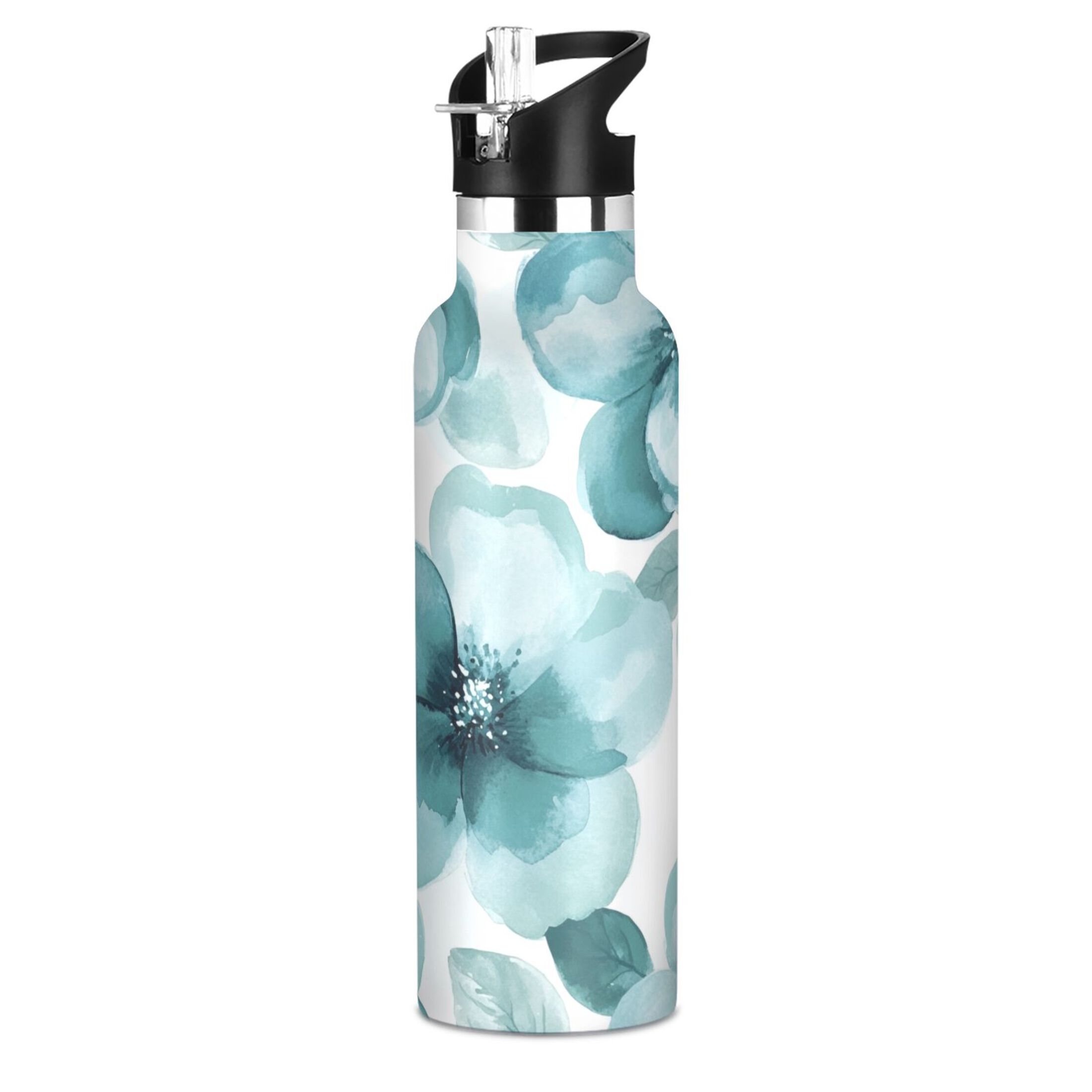 600ML Stainless Steel Insulated Cup Sports Water Bottle Portable Thermos Cup Water Glasses Insulated Tumblers Convenient and Durable Cartoon Turquoise Flowers Seamless