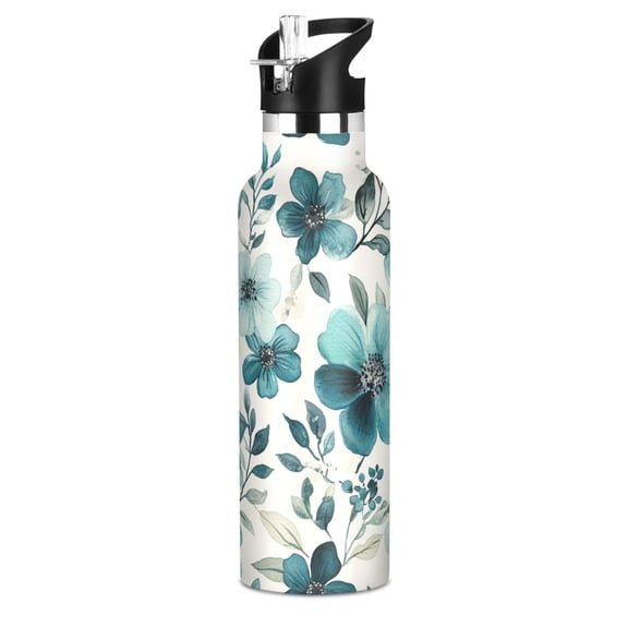 600ML Stainless Steel Insulated Cup Sports Water Bottle Portable Thermos Cup Water Glasses Insulated Tumblers Convenient and Durable Cartoon Turquoise Flowers