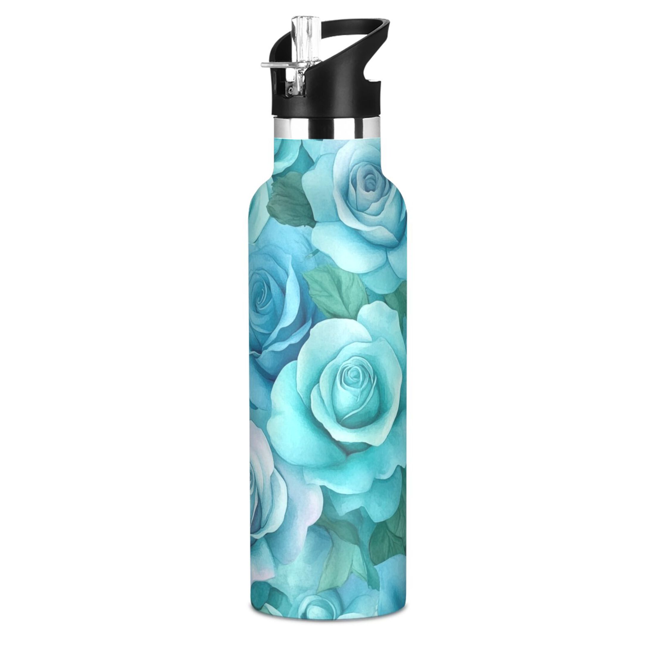 600ML Stainless Steel Insulated Cup Sports Water Bottle Portable Thermos Cup Water Glasses Insulated Tumblers Convenient and Durable Cartoon Turquoise Roses