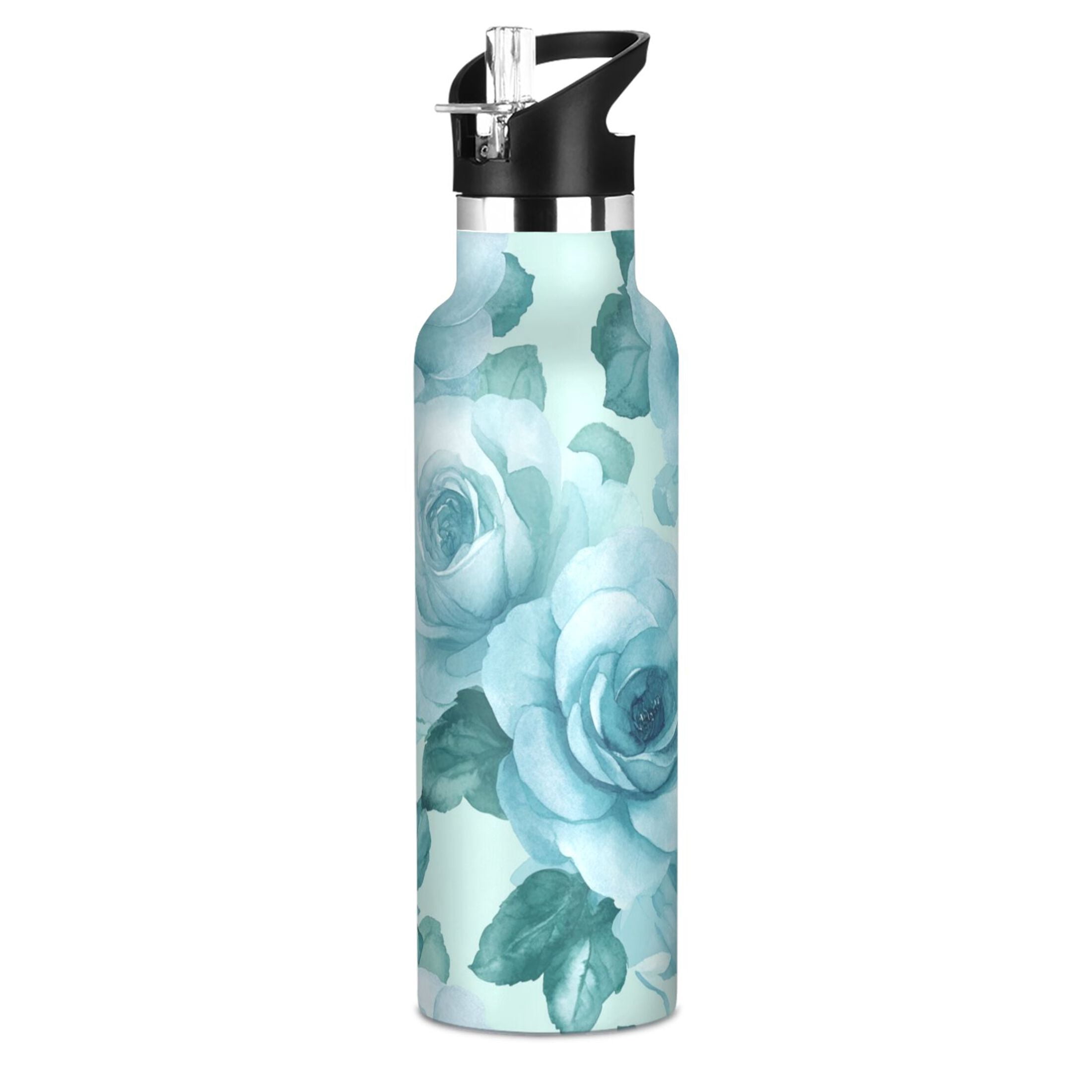 600ML Stainless Steel Insulated Cup Sports Water Bottle Portable Thermos Cup Water Glasses Insulated Tumblers Convenient and Durable Cartoon Turquoise Roses Seamless