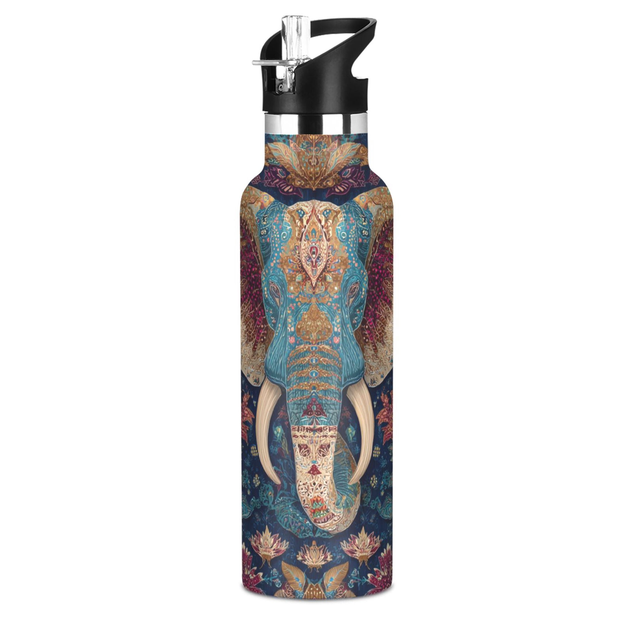 600ML Stainless Steel Insulated Cup Sports Water Bottle Portable Thermos Cup Water Glasses Insulated Tumblers Convenient and Durable Cartoon Watercolor Elephant