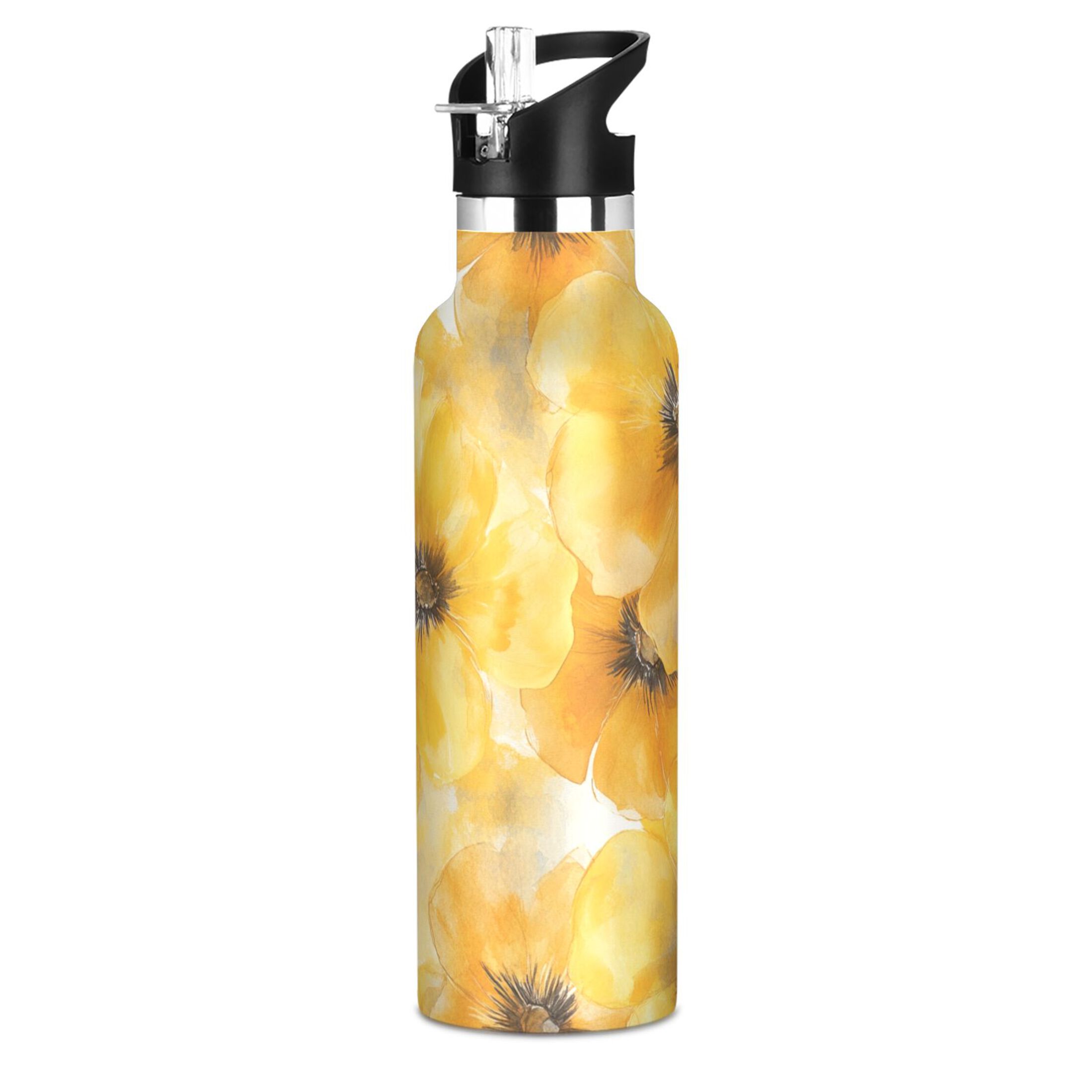 600ML Stainless Steel Insulated Cup Sports Water Bottle Portable Thermos Cup Water Glasses Insulated Tumblers Convenient and Durable Cartoon Yellow Flowers Seamless