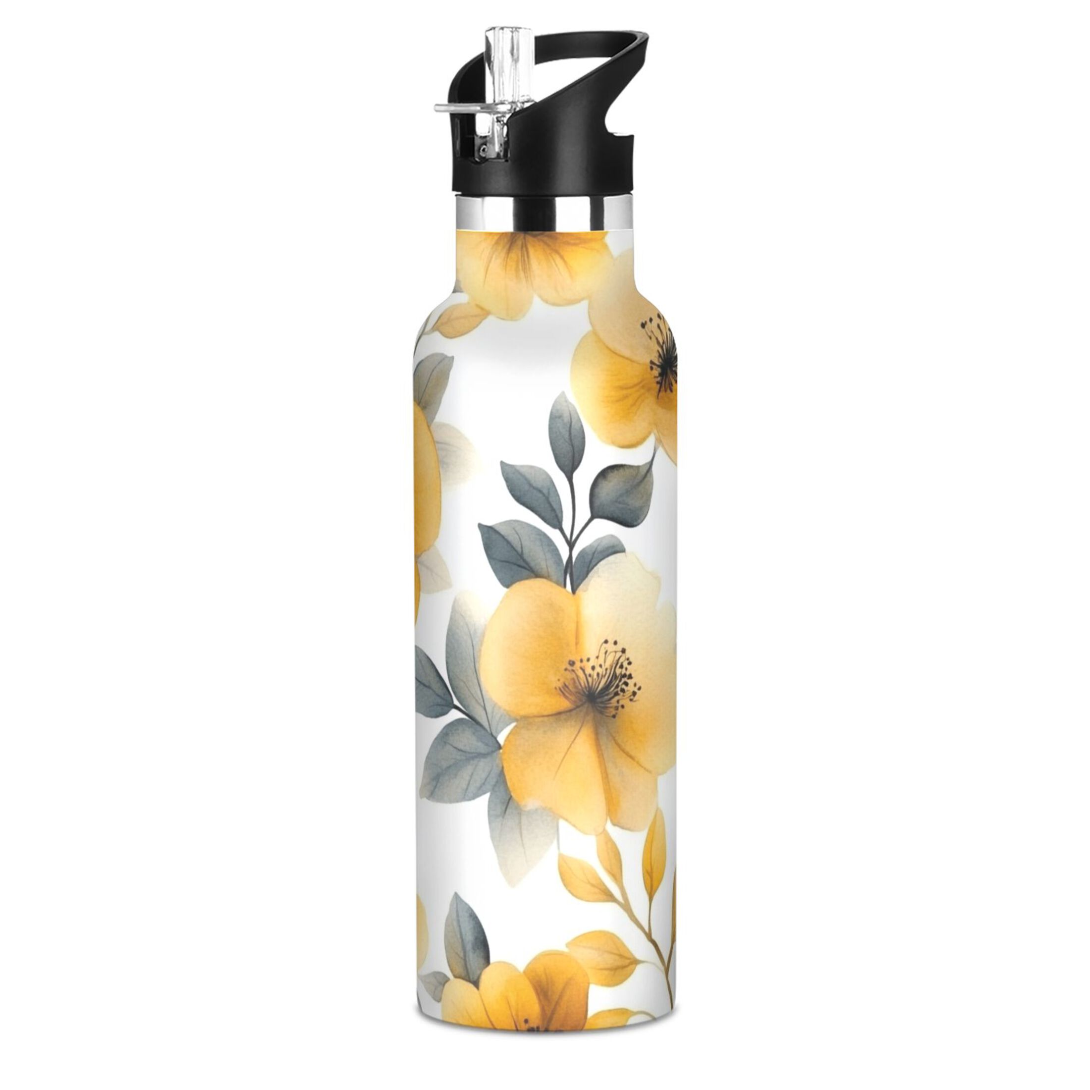 600ML Stainless Steel Insulated Cup Sports Water Bottle Portable Thermos Cup Water Glasses Insulated Tumblers Convenient and Durable Cartoon Yellow Flowers