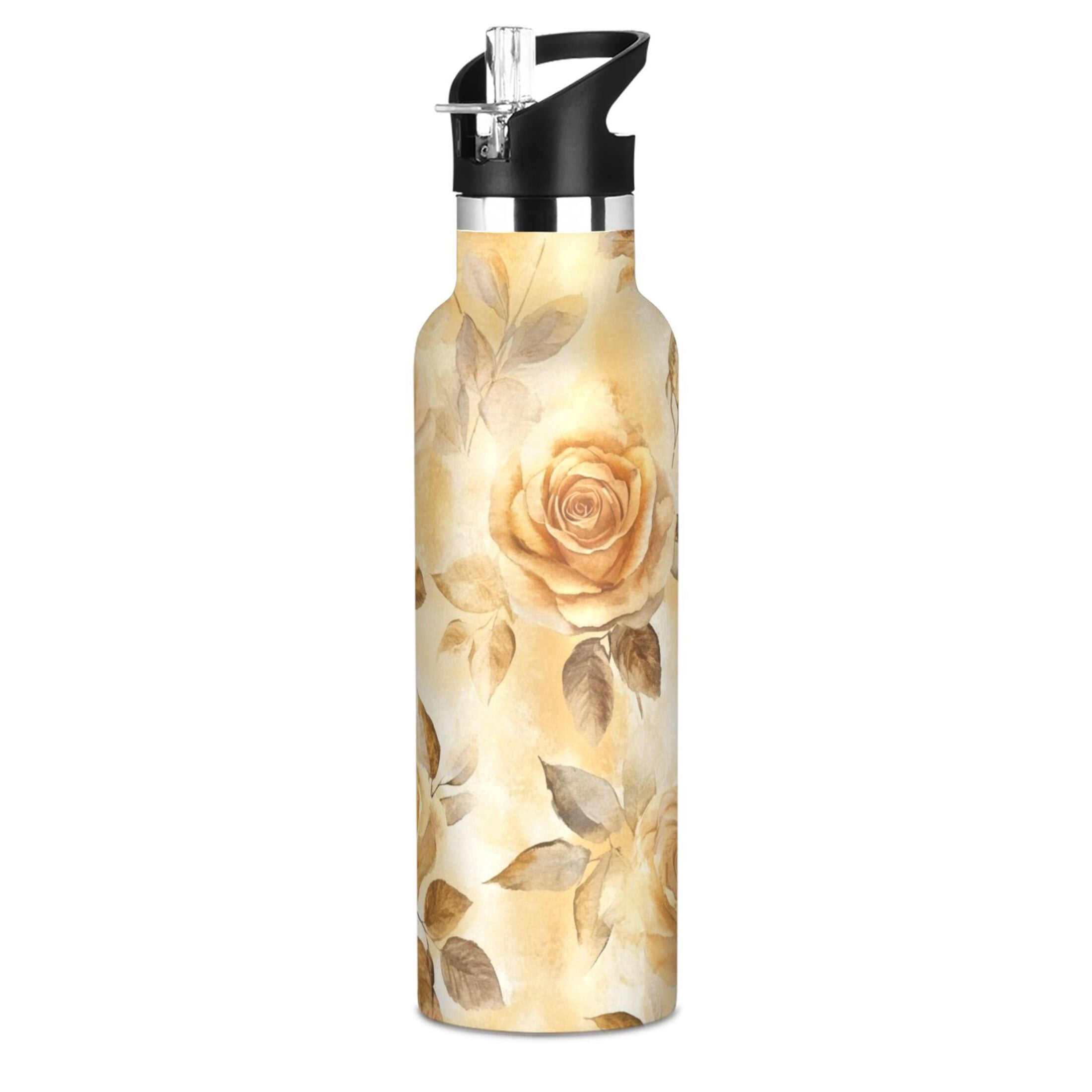 600ML Stainless Steel Insulated Cup Sports Water Bottle Portable Thermos Cup Water Glasses Insulated Tumblers Convenient and Durable Cartoon Yellow Roses Seamless