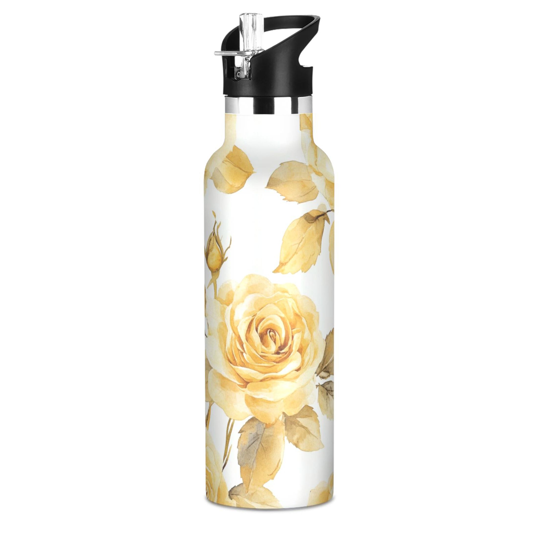 600ML Stainless Steel Insulated Cup Sports Water Bottle Portable Thermos Cup Water Glasses Insulated Tumblers Convenient and Durable Cartoon Yellow Roses