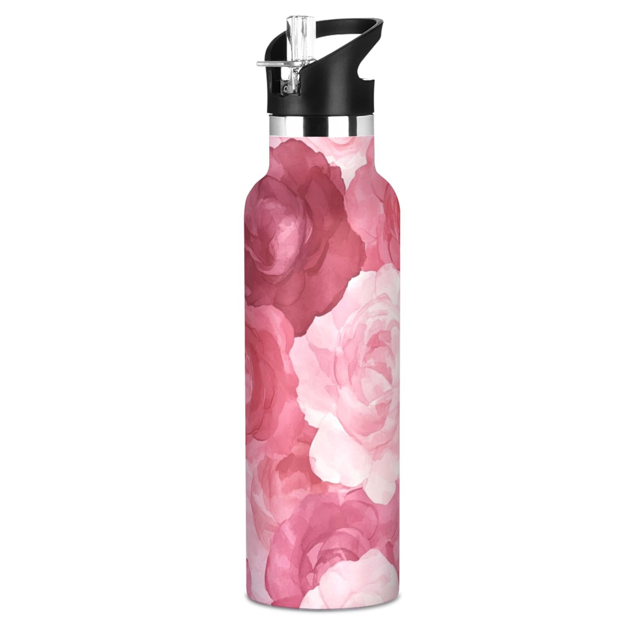 600ML Stainless Steel Insulated Cup Sports Water Bottle Portable Thermos Cup Water Glasses Insulated Tumblers Convenient and Durable Charming Beige Roses Seamless