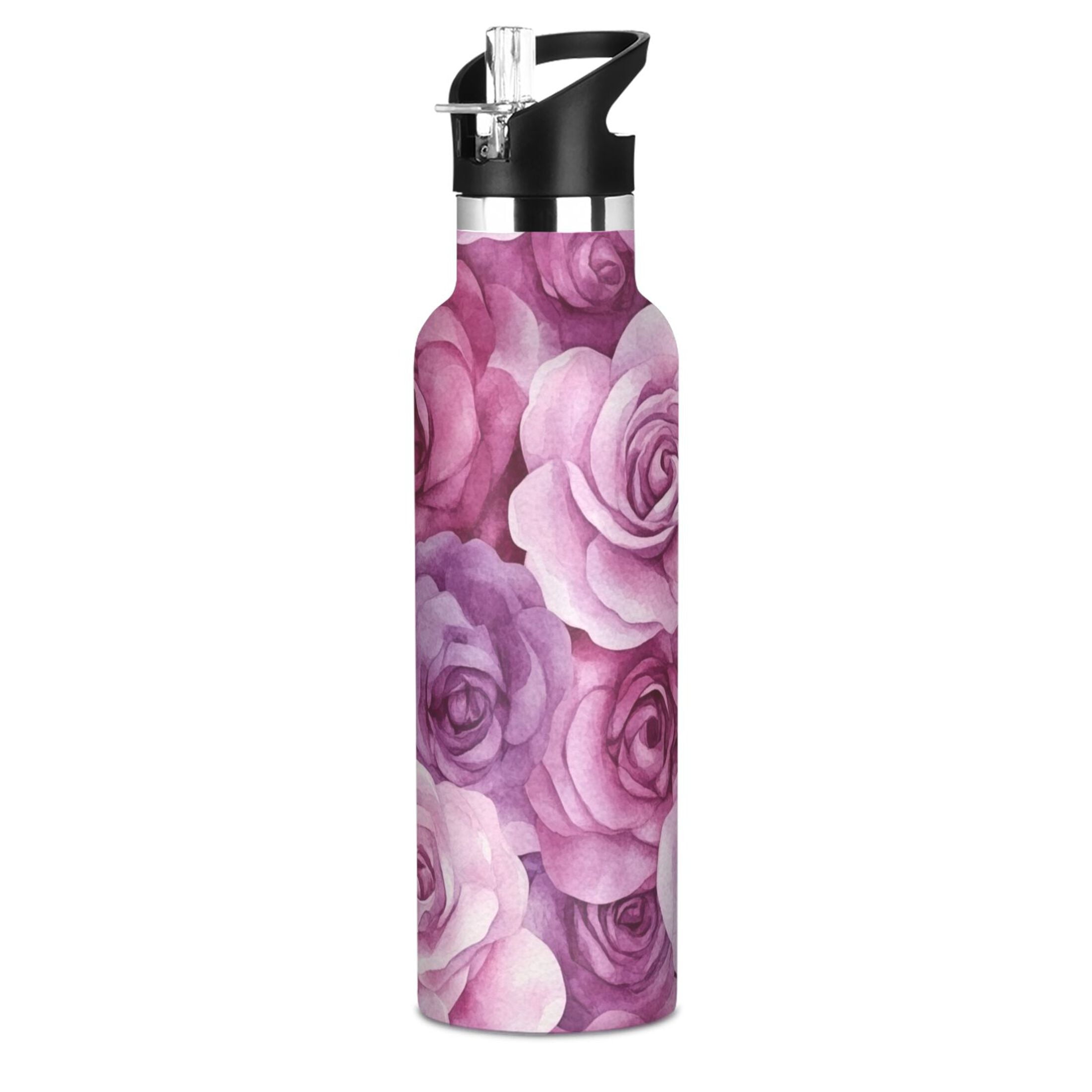 600ML Stainless Steel Insulated Cup Sports Water Bottle Portable Thermos Cup Water Glasses Insulated Tumblers Convenient and Durable Charming Beige Roses