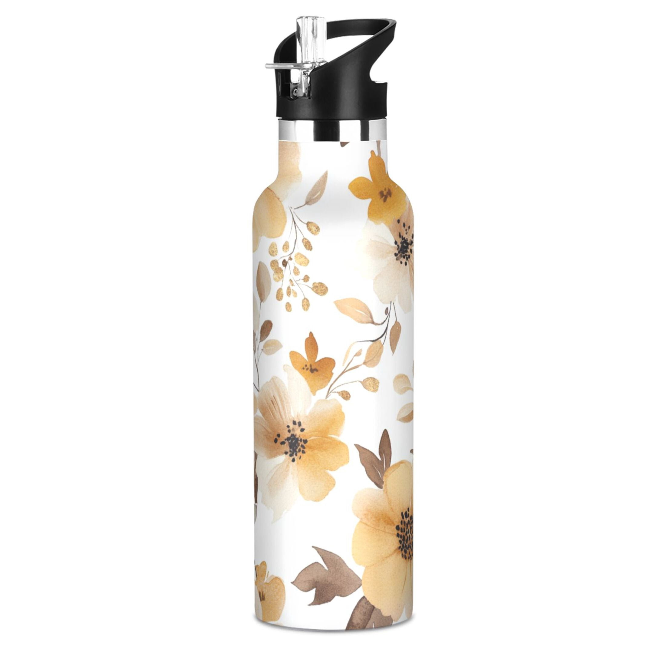 600ML Stainless Steel Insulated Cup Sports Water Bottle Portable Thermos Cup Water Glasses Insulated Tumblers Convenient and Durable Charming Golden Flowers