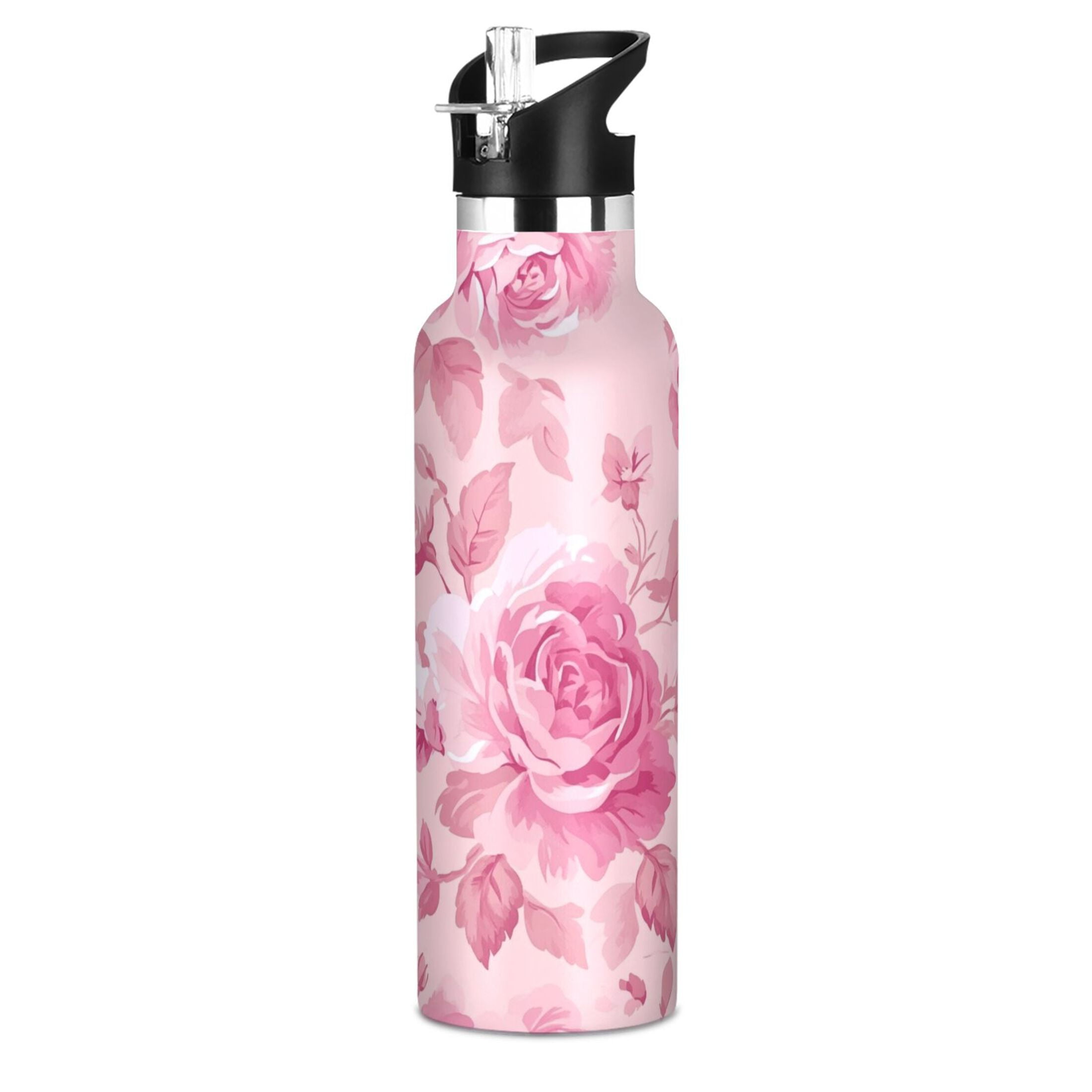 600ML Stainless Steel Insulated Cup Sports Water Bottle Portable Thermos Cup Water Glasses Insulated Tumblers Convenient and Durable Charming Pink Roses