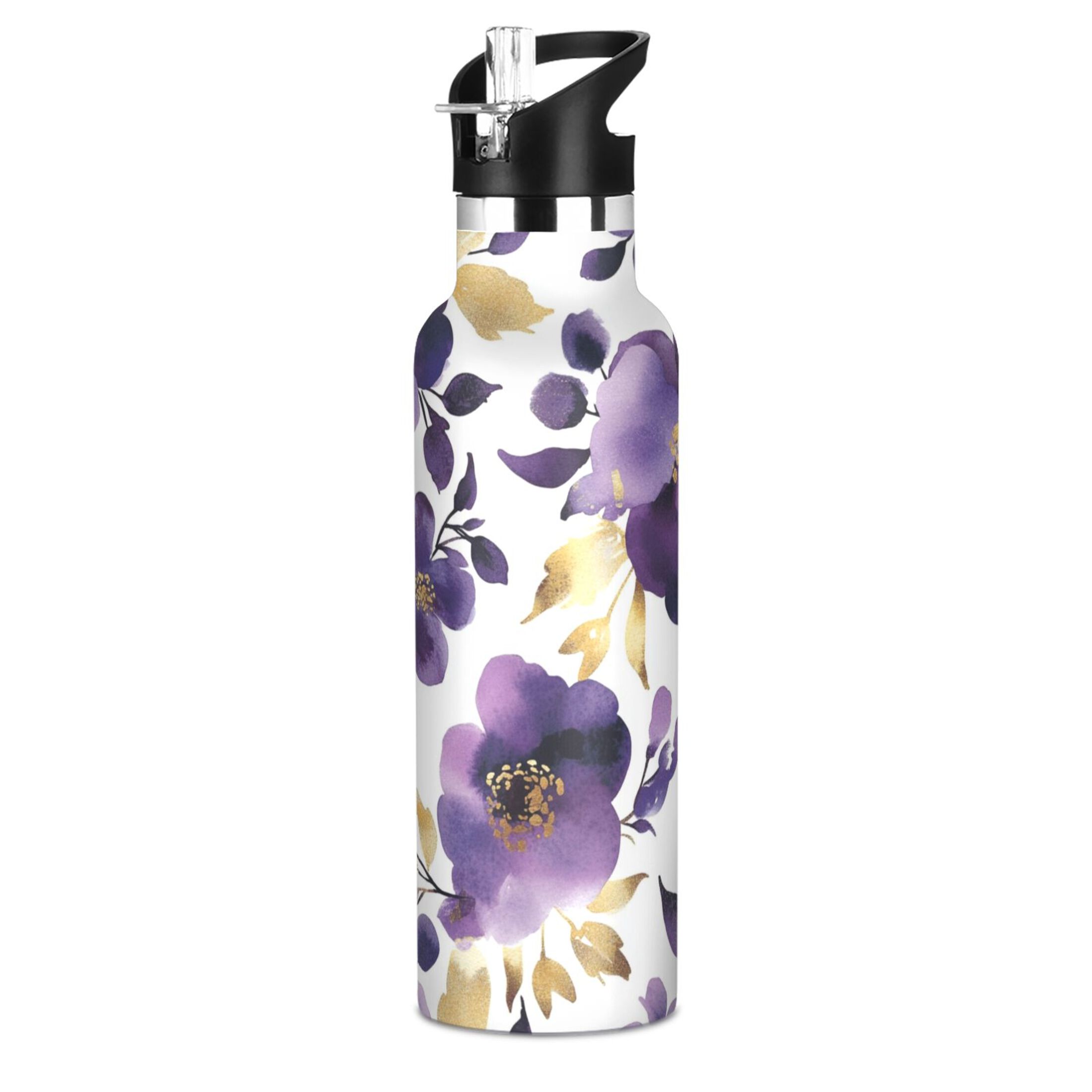 600ML Stainless Steel Insulated Cup Sports Water Bottle Portable Thermos Cup Water Glasses Insulated Tumblers Convenient and Durable Charming Purple Flowers
