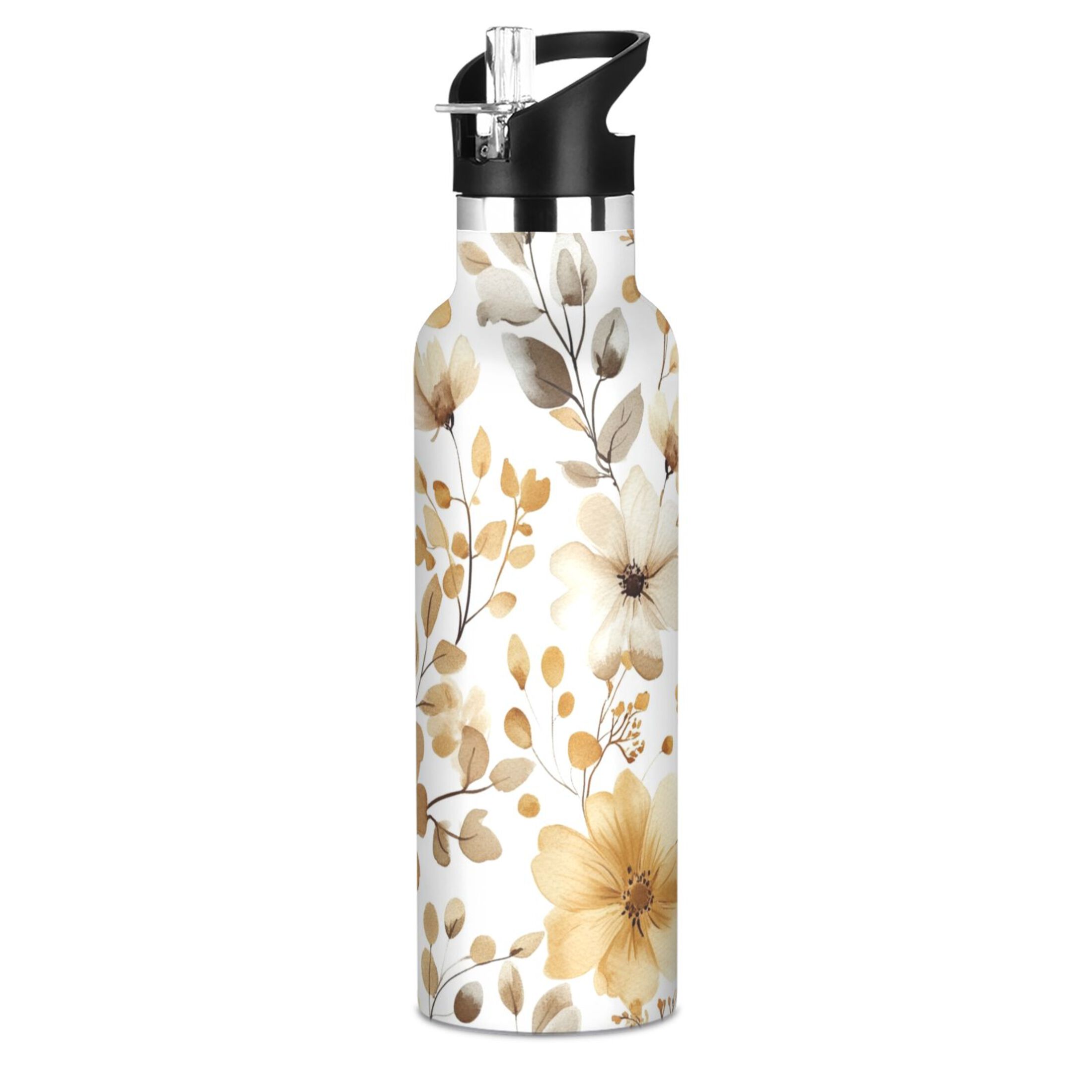 600ML Stainless Steel Insulated Cup Sports Water Bottle Portable Thermos Cup Water Glasses Insulated Tumblers Convenient and Durable Charming Yellow Flowers