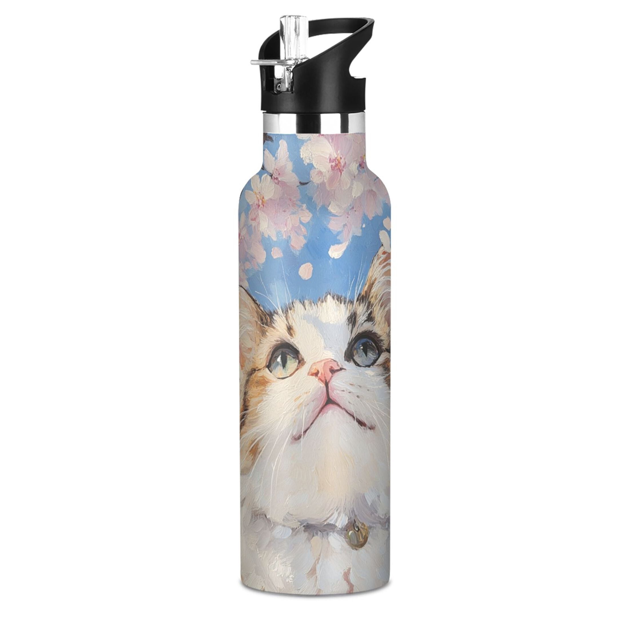 600ML Stainless Steel Insulated Cup Sports Water Bottle Portable Thermos Cup Water Glasses Insulated Tumblers Convenient and Durable Cherry Blossom Cat